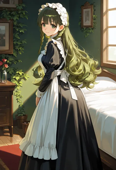 masterpiece,top quality,,solo, (cute girl's room:1.1), long nose, dark moss green hair, (Wave Hair:1.2),long hair, small braided sidelock, tareme, bangs, soft cheeks, light smile, dark green eye, double eyelid, Of a gentle atmosphere, (( Maid, Black Dres...