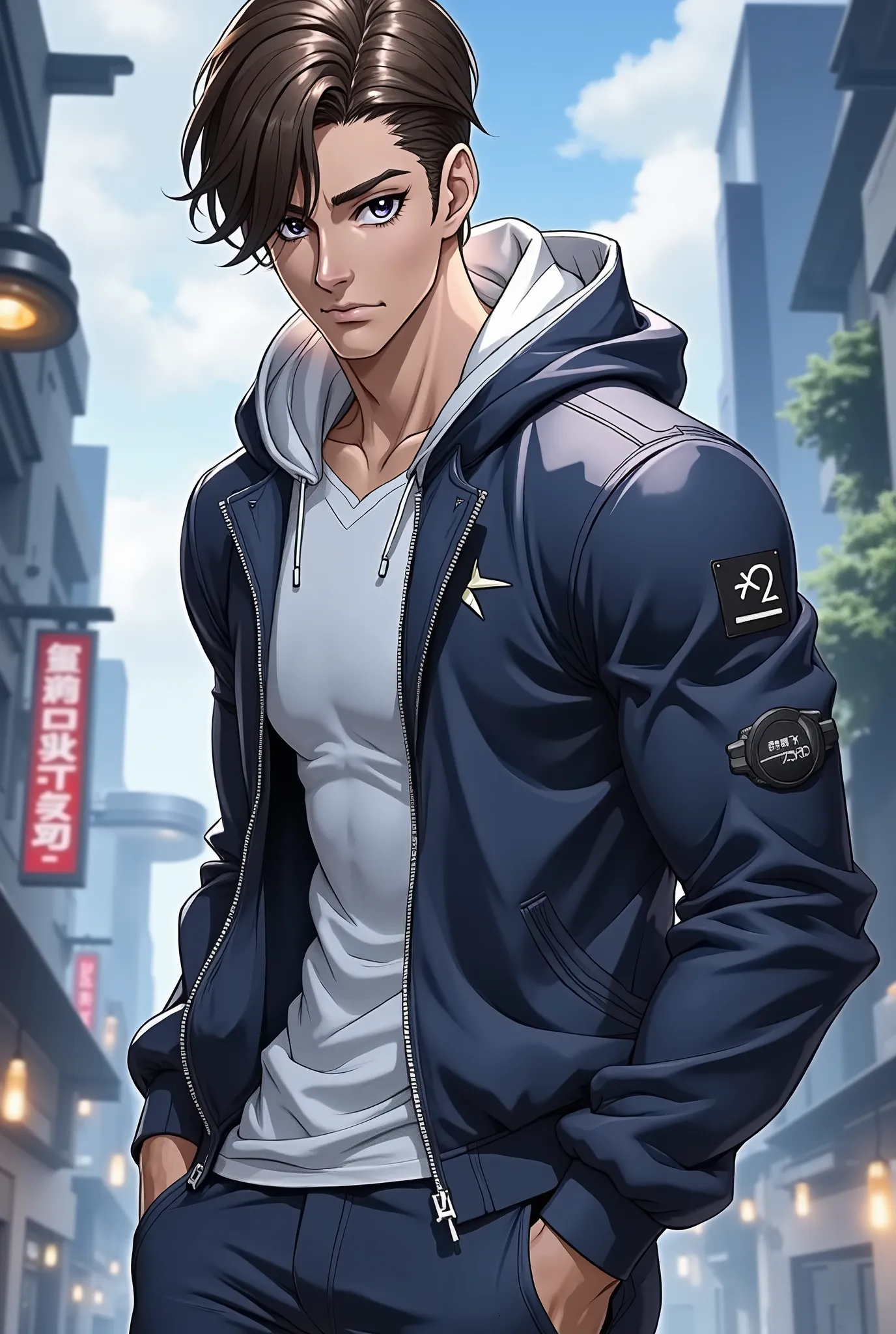 Handsome man, short dark hair, honey-colored eyes, muscular white skin with a jacket, futuristic sportswear and Jordan-style shoes