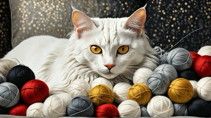  Imagine a surreal portrait of a cat whose body is a mosaic of polka dots and various textures and materials, including fabric,wool and buttons . The cat is lying on a cushion with some blankets and balls of yarn around. Its expression is serene. The scene...