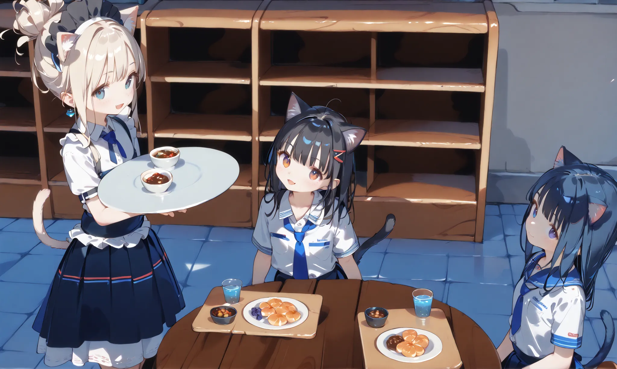 ( masterpiece, high resolution,high quality,high resolution)、High Definition、high quality、8k、4k、3 girls、classroom、Cultural Festival、Maid Cafe、A waitress and two customers、 lori、 lori体形、young、flat chest、、Cat ears、cat tail、Smiling、Fun