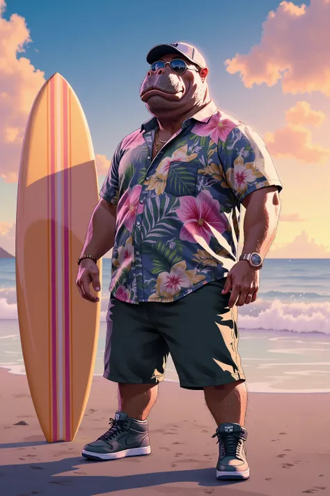 photorealistic portrait of Dressed animals - a ((fat)) (hippo) professional wrestler, (art by Brian Froud),(standing next to a surfboard), high quality,(plus size body:1.5) ,intricate details, highly detailed ((resort fashion)) ,(wearing sunglasses:2.0), (...
