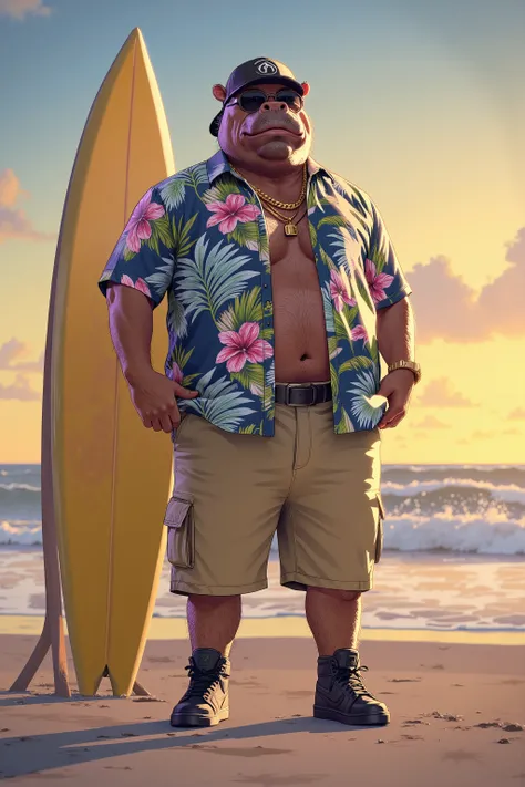 photorealistic portrait of Dressed animals - a ((fat)) (hippo) professional wrestler, (art by Brian Froud),(standing next to a surfboard), high quality,(plus size body:1.5) ,intricate details, highly detailed ((resort fashion)) ,(wearing sunglasses:2.0), (...