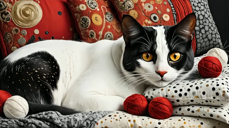  Imagine a surreal portrait of a cat whose body is a mosaic of polka dots and various textures and materials, including fabric,wool and buttons . The cat is lying on a cushion with some embroidery blankets and balls of yarn around. Its expression is serene...