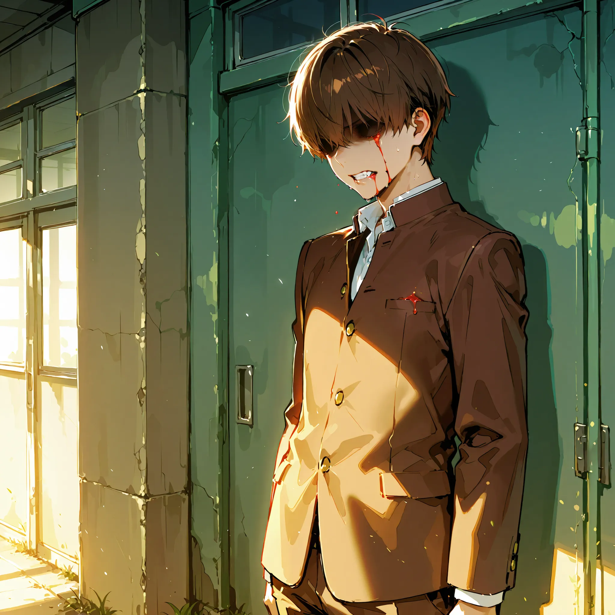 Injured faceless male characters, solo,School uniforms for men, bleeding, standing with their teeth clenched,Brown Hair,