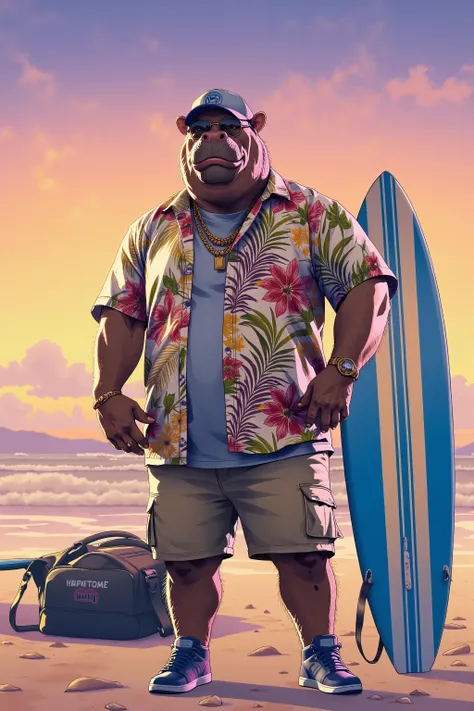 photorealistic portrait of Dressed animals - a ((fat)) (hippo) professional wrestler, (art by Brian Froud),(standing next to a surfboard), high quality,(plus size body:1.5) ,intricate details, highly detailed ((resort fashion)) ,(wearing sunglasses:2.0), (...