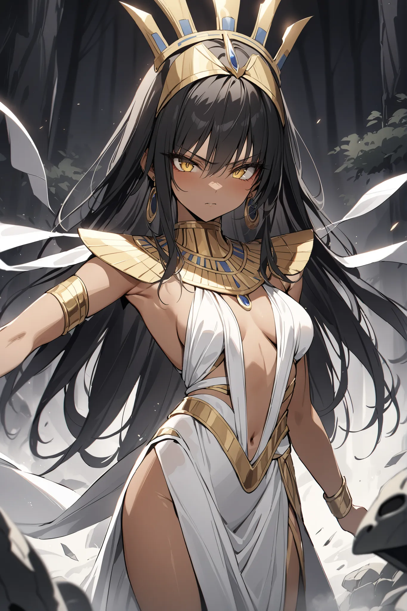 ((masterpiece,Highest Quality:1.2)),(soro),An ancient Egyptian princess with a slender figure and thin legs fighting against enemies on a dark battlefield,cowboy shot, healthy tan skin ,black long hair,Perfect yellow eyes, tree eyes ,serious expression,Gor...