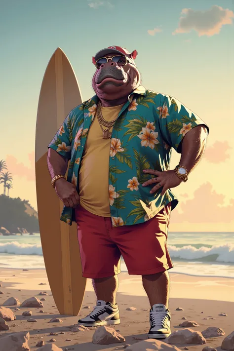 photorealistic portrait of Dressed animals - a ((fat)) (hippo) professional wrestler, (art by Brian Froud),(standing next to a surfboard), high quality,(plus size body:1.5) ,intricate details, highly detailed ((resort fashion)) ,(wearing sunglasses:2.0), (...