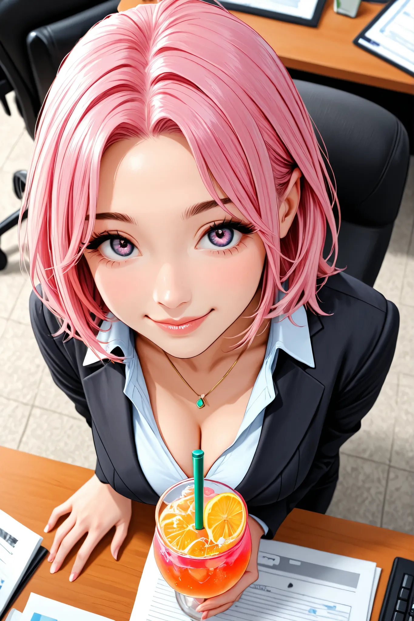 A girl with short pink hair is drinking tropical juice with a straw with a happy expression. Office lady, uniform, cleavage, shot from above, daytime, company, stylish office,