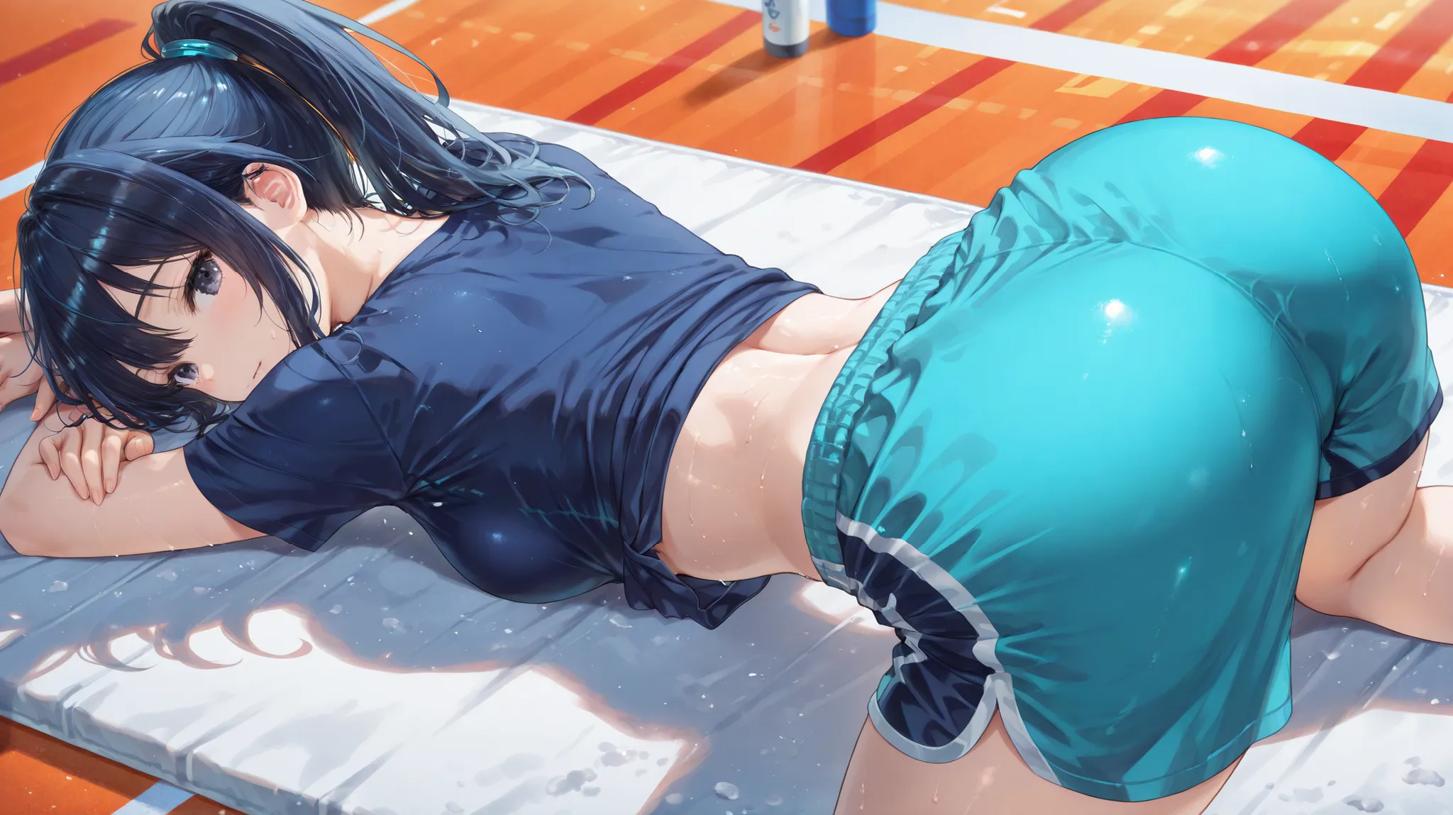 ((Best Quality)) (masterpiece) (details)、wearing mint-colored shorts {x} highlighting her butt at the gym、Relaxing the body、cobalt blue t-shirt、girl loosening her body、ponytail、黒い髪、black eyes、stretching the arms upward、the upper body is attached to the gro...