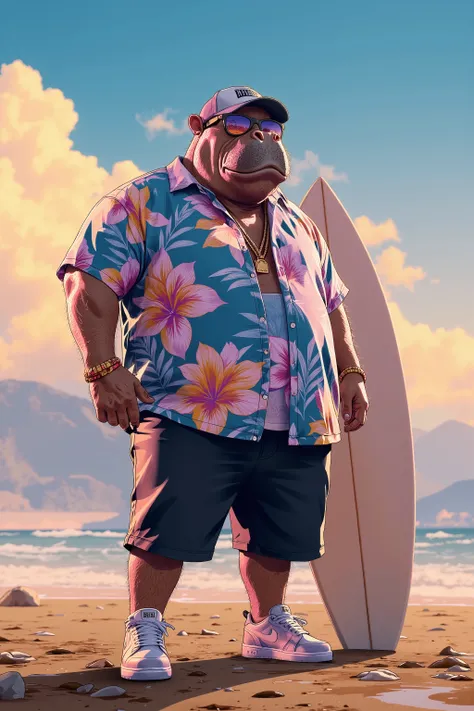 photorealistic portrait of Dressed animals - a ((fat)) (hippo) professional wrestler, (art by Brian Froud),(standing next to a surfboard), high quality,(plus size body:1.5) ,intricate details, highly detailed ((resort fashion)) ,(wearing sunglasses:2.0), (...