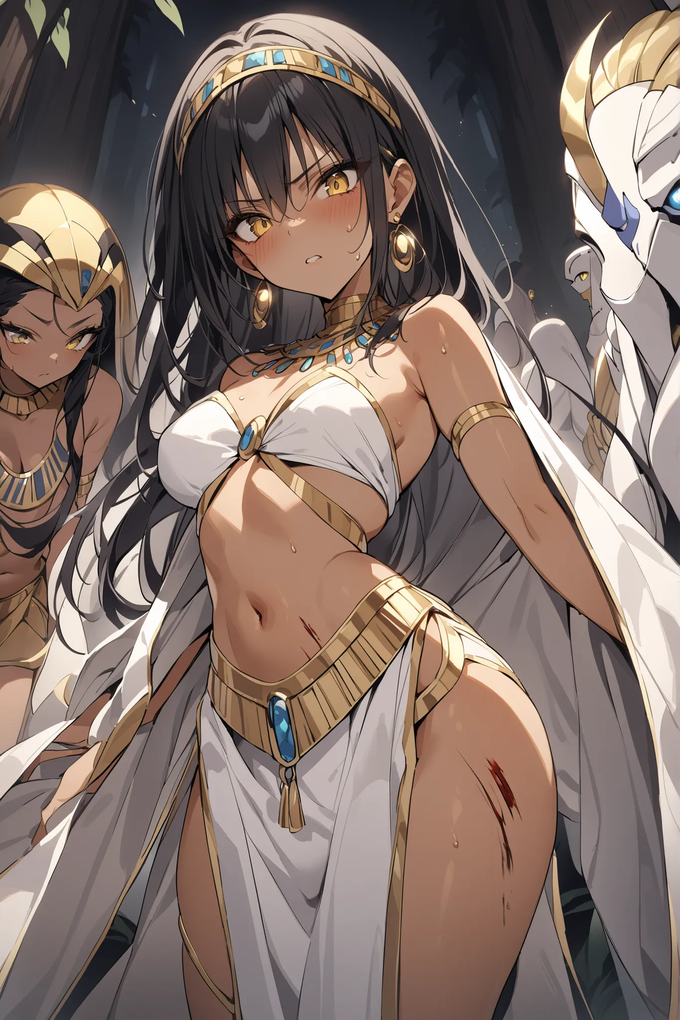 ((masterpiece,Highest Quality:1.2)),(soro),An ancient Egyptian princess with a slender figure and thin legs who is being cornered by enemies on a dark battlefield,cowboy shot, healthy tan skin ,Injury to the whole body,sweat,black long hair,Perfect yellow ...