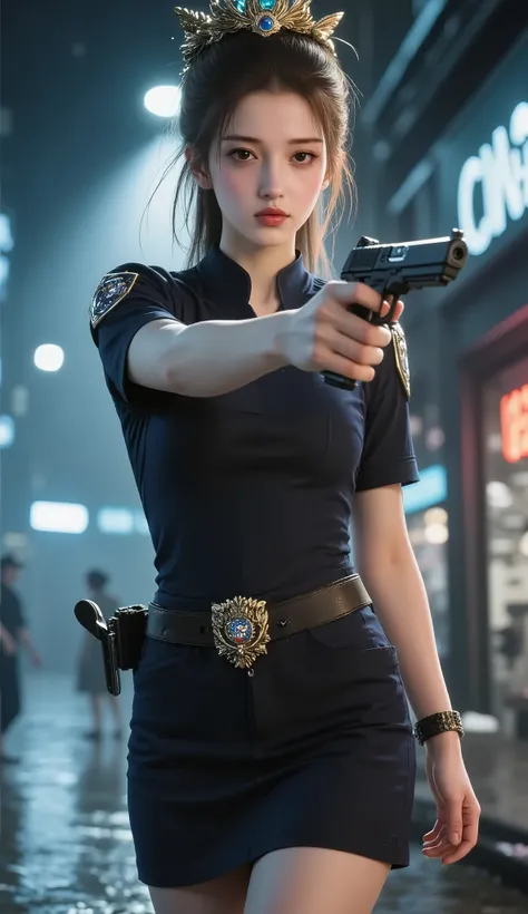 1 female、American Beauty、is super beautiful、facial beauty、 blue eyes、standing、New York police uniform 、miniskirt、Golden Hair、Night Street、backlighting、The wind is blowing、it'rain、He is watching the barrel intently.、shoot upwards in the thigh、Point the ...