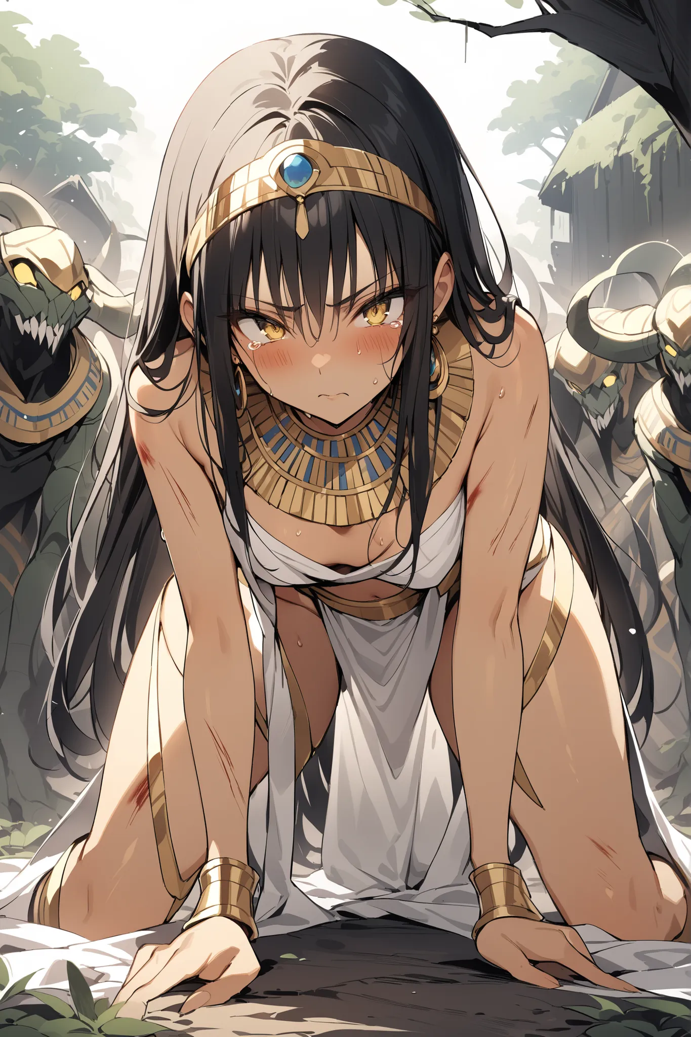 ((masterpiece,Highest Quality:1.2)),(soro),An ancient Egyptian princess with a slender figure and thin legs who is defeated and surrounded by many monsters on the dark battlefield、and crawls on all fours on the ground,cowboy shot, healthy tan skin ,Injury ...