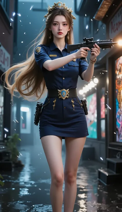 1 female、American Beauty、is super beautiful、facial beauty、 blue eyes、standing、New York police uniform 、miniskirt、Golden Hair、Night Street、backlighting、The wind is blowing、it'rain、He is watching the barrel intently.、shoot upwards in the thigh、Point the ...
