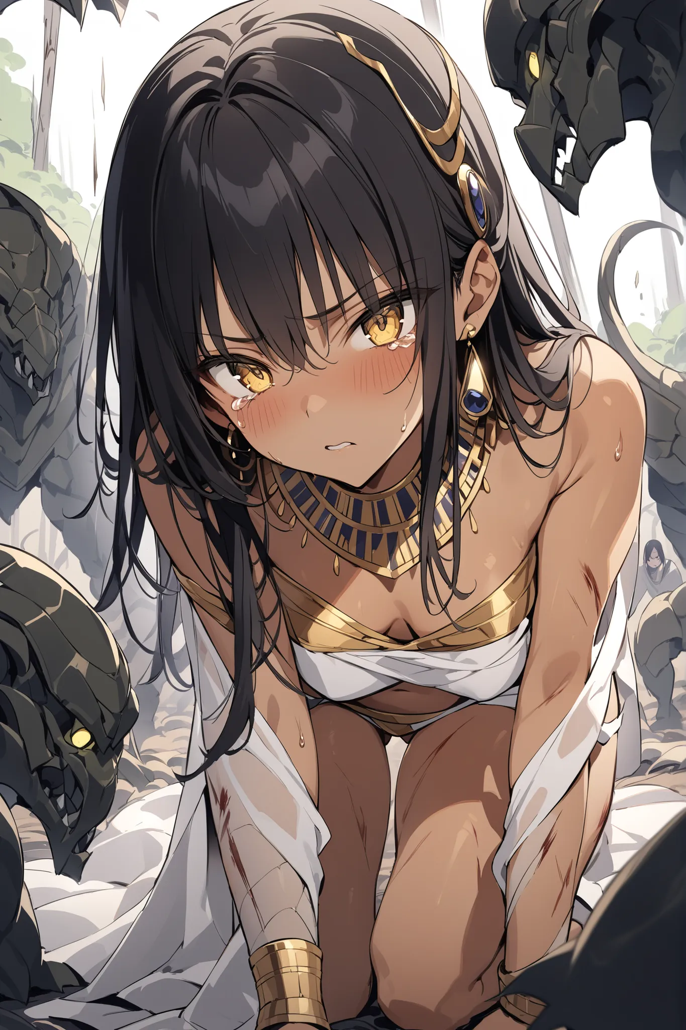 ((masterpiece,Highest Quality:1.2)),(soro),An ancient Egyptian princess with a slender figure and thin legs who is defeated and surrounded by many monsters on the dark battlefield、and crawls on all fours on the ground,cowboy shot, healthy tan skin ,Injury ...