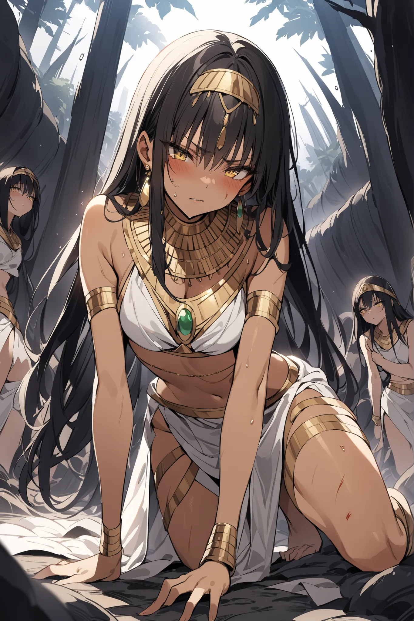 ((masterpiece,Highest Quality:1.2)),(soro),An ancient Egyptian princess with a slender figure and thin legs who is defeated and surrounded by many monsters on the dark battlefield、and crawls on all fours on the ground,cowboy shot, healthy tan skin ,Injury ...