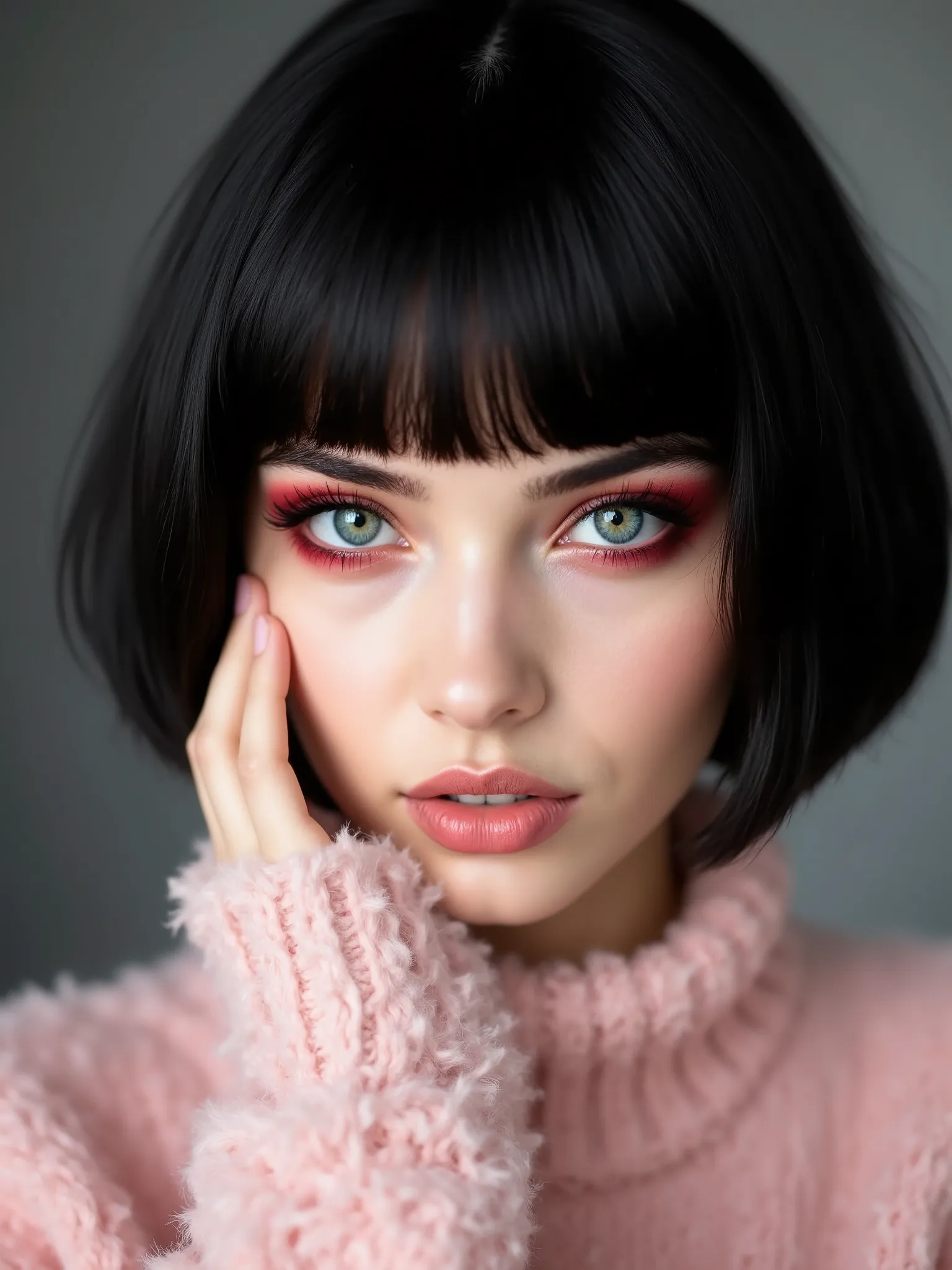 This is a highly detailed, close-up photograph of a young woman with a fair complexion. She has a short, bob-style haircut with a strikingly black, black color, giving her a modern, edgy look. Her hair is straight and neatly cut, with a fringe that frames ...