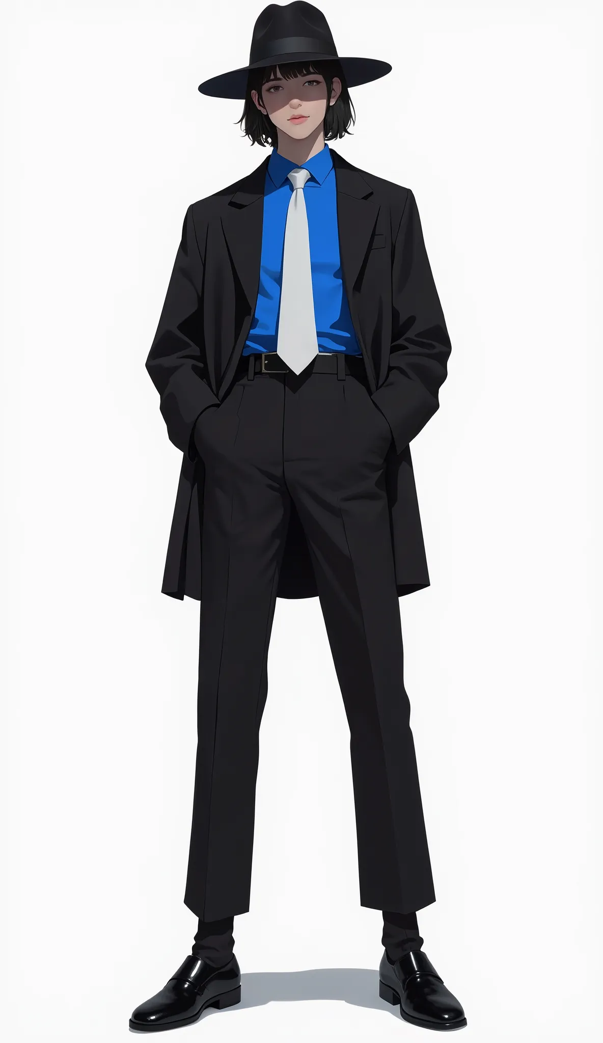 Tall, and the slender figure stands confidently, mustache character that emphasizes , Stylized picture. The character's outfit is、sharp black suit, 、A striking blue shirt that adds a pop of color to the ensemble It's an accent.  white tie, I hung it loosely around my neck, that hangs loosely around the neck in contrast to the dark tone, minimalist、creates a casual yet sophisticated look. black pants stretch the figure's silhouette from ette, to the large black shoes that the character wears。. That person is wearing a black fedora hat。the face is slightly difficult to see,looking up、 creates a mysterious atmosphere in the composition. especially, when placed on the side of the head, suggests a sophisticated and playful personality. both hands are casually hidden in pockets, creates a relaxed atmosphere. simple color palette and smoothness, flowing lines、exudes sophisticated modernity and understated elegance。.