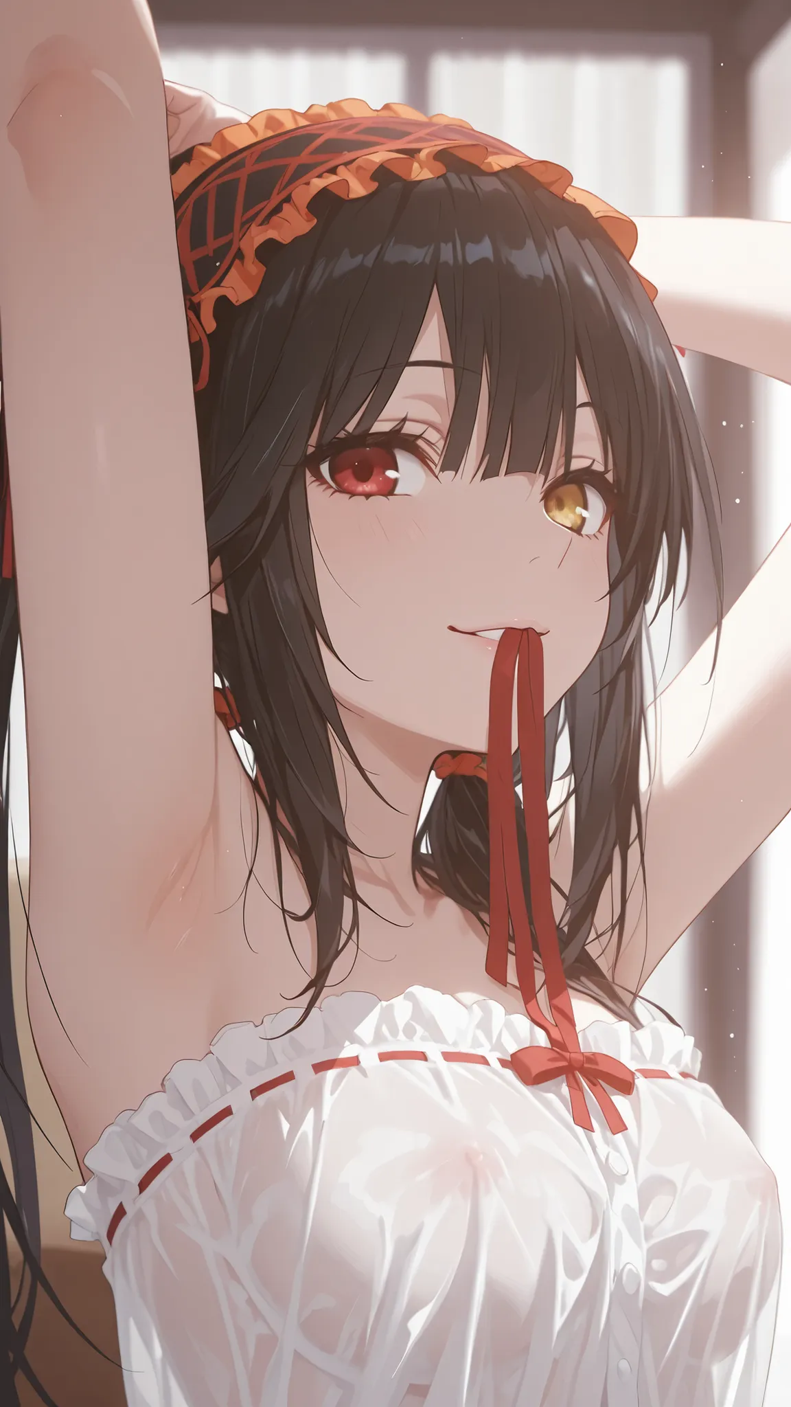 1girl, tokisaki kurumi, two ponytails, watch eyes, long hair, {{{{{black hair}}}}, yellow eyes, red eyes, heterochromia, {{medium breasts)), {{{naked}}}, {{high-quality and detailed genitals for gynecological purposes}}, high stockings, garters, living roo...