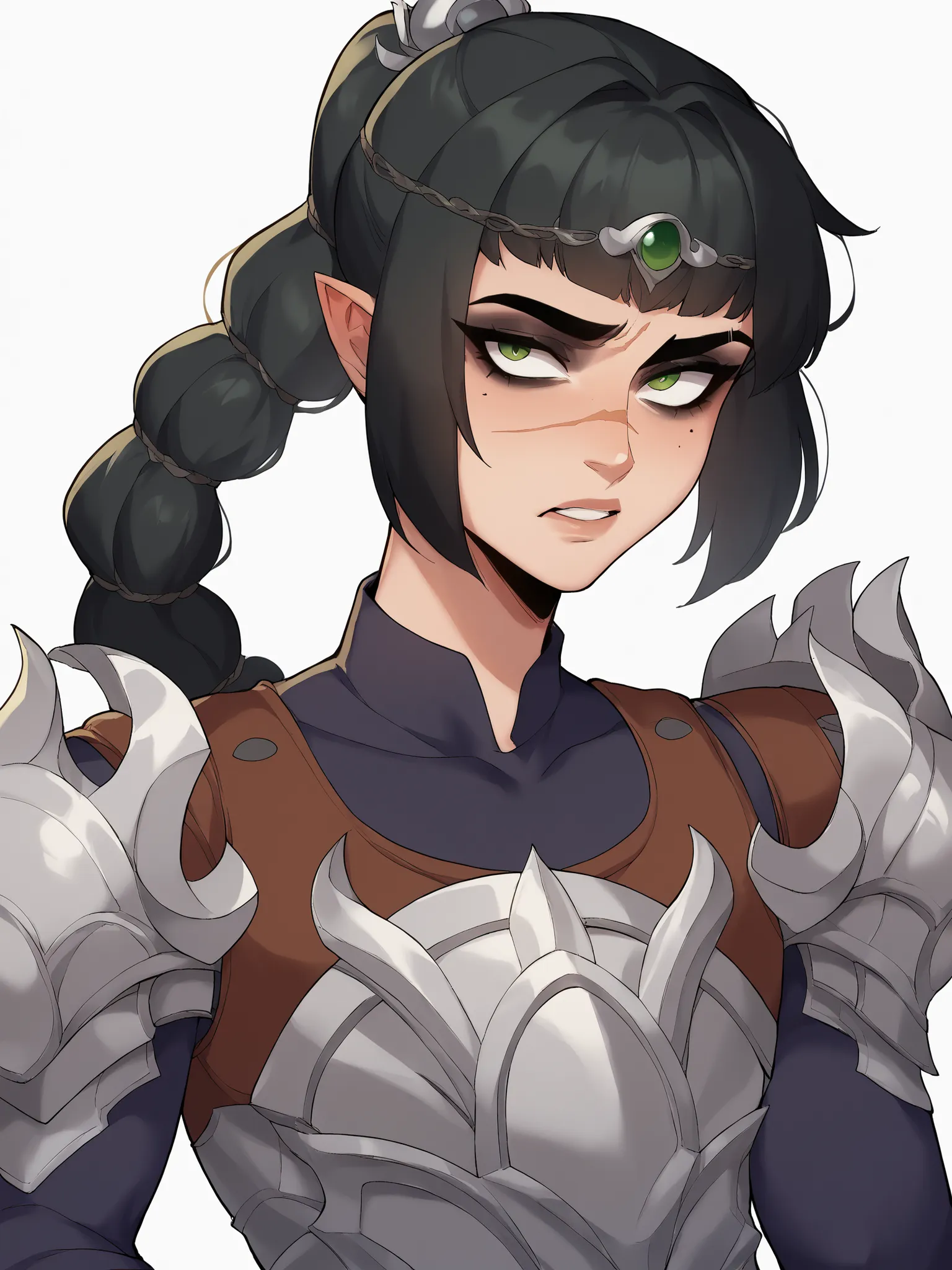 score_9, score_8_up, score_7_up, score_6_up, score_5_up, score_4_up, BREAK, source_cartoon, source_anime, 1girl, solo, shadowheart, black hair, braided ponytail, green eyes, scar on face, circlet, looking at viewer, armor, upper body 