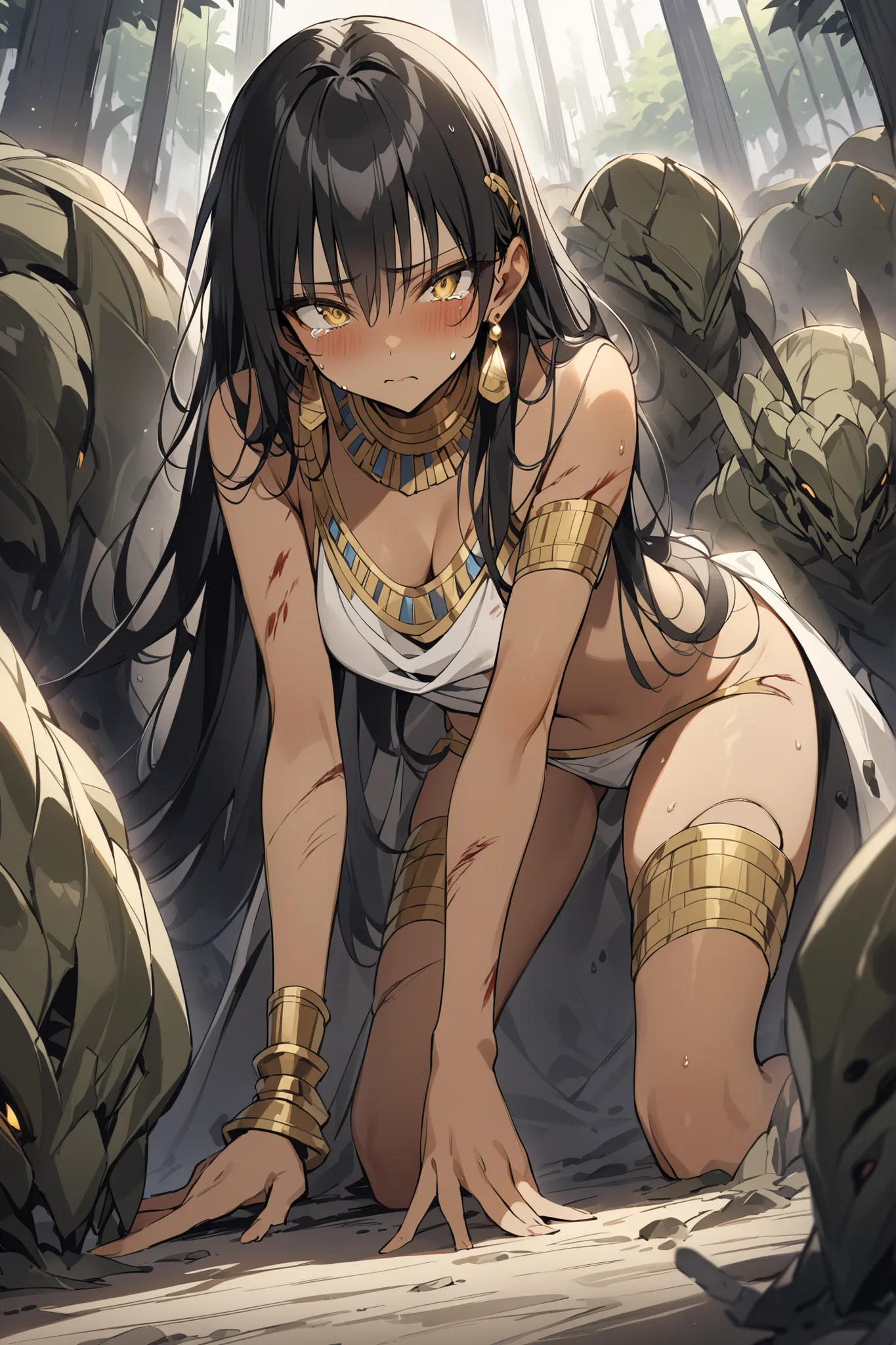 ((masterpiece,Highest Quality:1.2)),(soro),An ancient Egyptian princess with a slender figure and thin legs who is defeated and surrounded by many monsters on the dark battlefield、and crawls on all fours on the ground,cowboy shot, healthy tan skin ,Injury ...