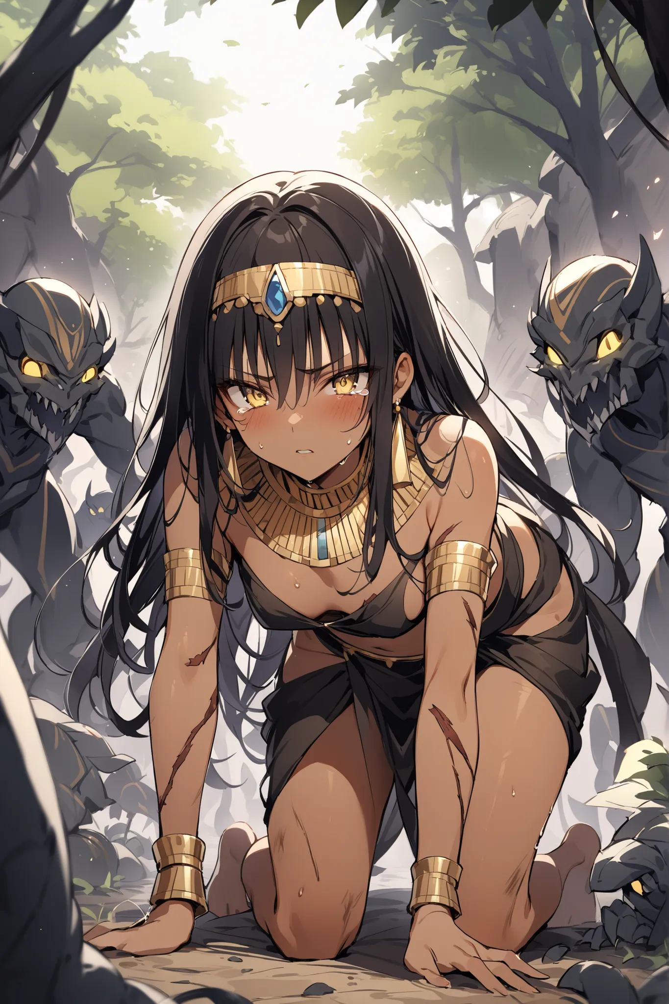 ((masterpiece,Highest Quality:1.2)),(soro),An ancient Egyptian princess with a slender figure and thin legs who is defeated and surrounded by many monsters on the dark battlefield、and crawls on all fours on the ground,cowboy shot, healthy tan skin ,Injury ...