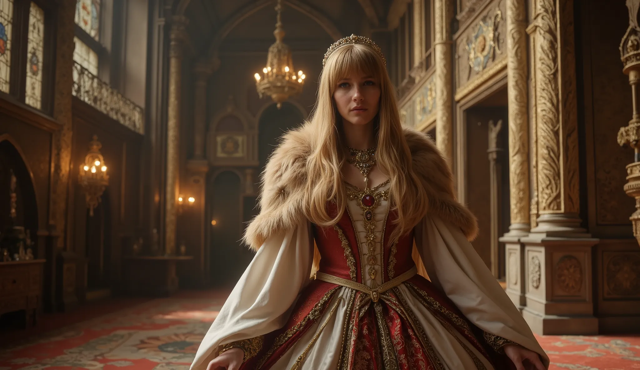 (cinematic film still:1.3), (80s high fantasy movie style:1.2), detailed portrait of a beautiful young Nordic woman, petite and delicate build, long flowing golden hair with neat straight bangs, innocent yet determined eyes, exquisite delicate facial featu...