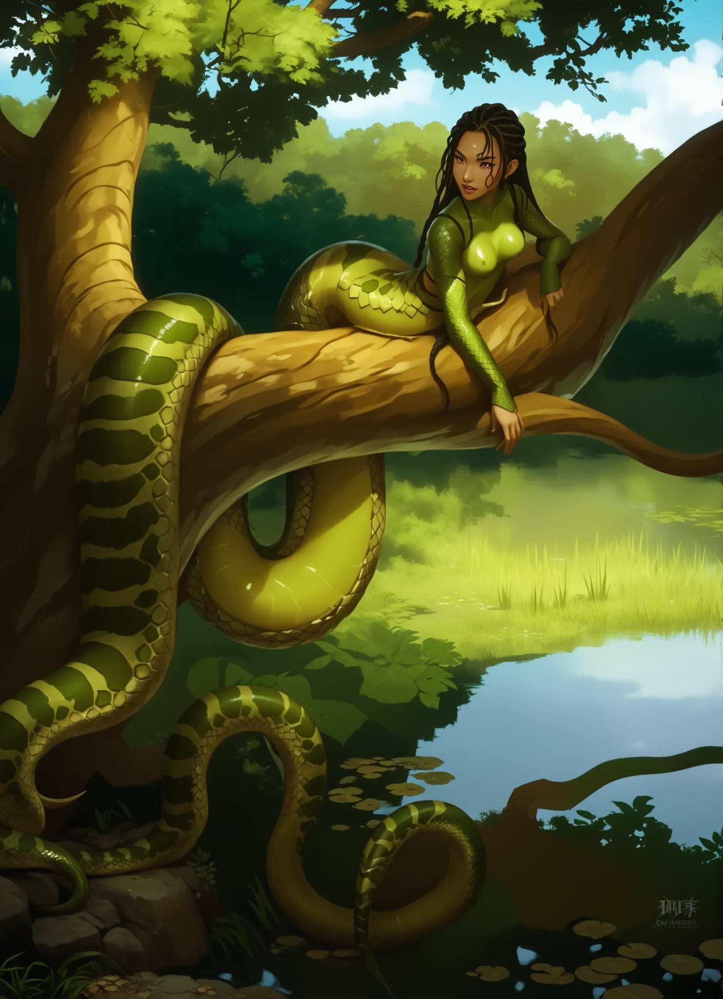 Slender body. Green shiny snake-skin. Cute 18-year-old Asian naga/lamia with Asian red eyes and sharp teeth and dreadlocks with white highlights. She has a cute and beautiful face. She has a round and young face with a pointy chin. Her body is athletic wit...
