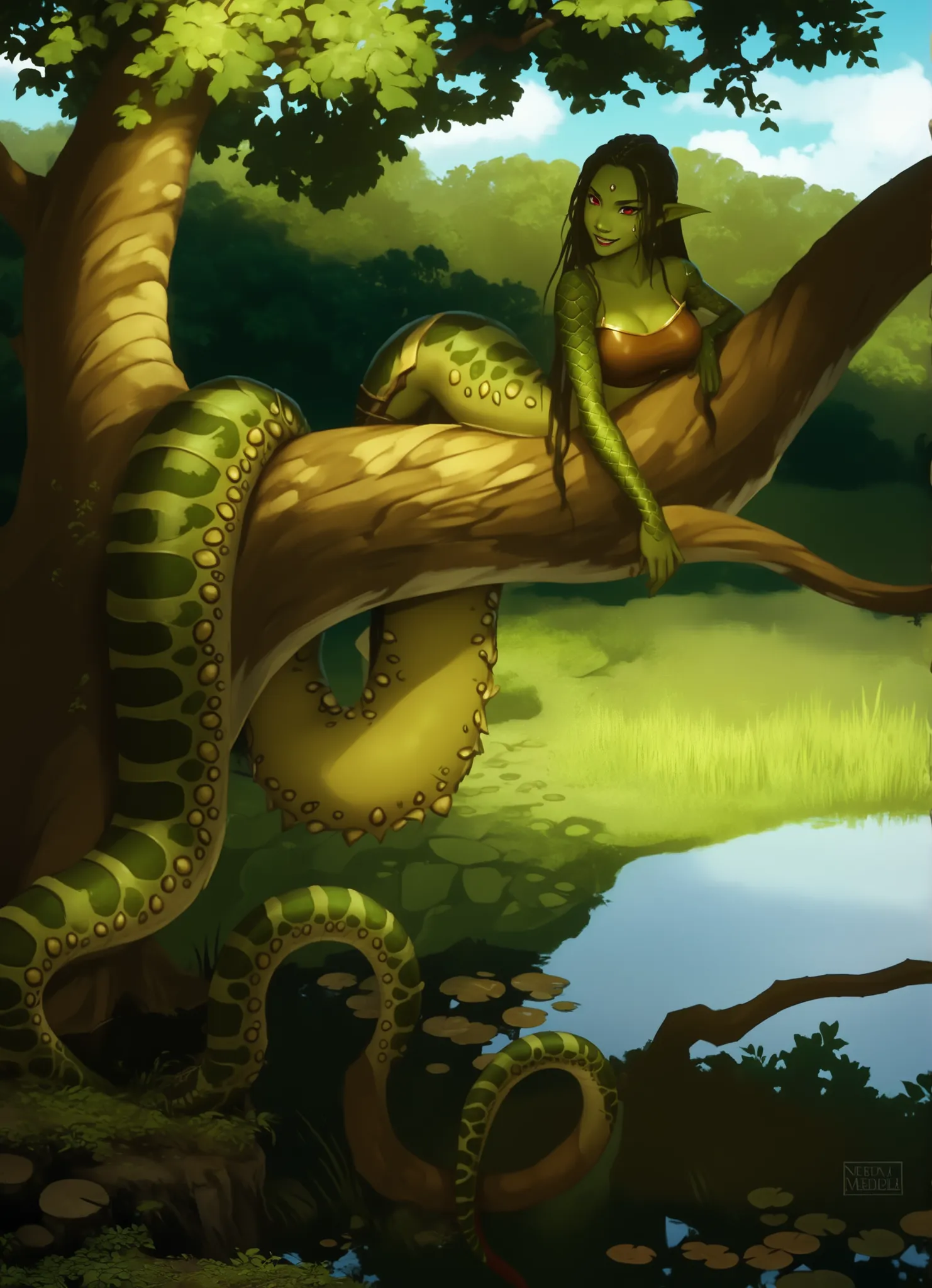 Slender body. Green snake-skin. Cute 18-year-old Asian naga/lamia with Asian red eyes and sharp teeth and dreadlocks with white highlights. She has a cute and beautiful face. She has a round and young face with a pointy chin. Her body is athletic with abs....