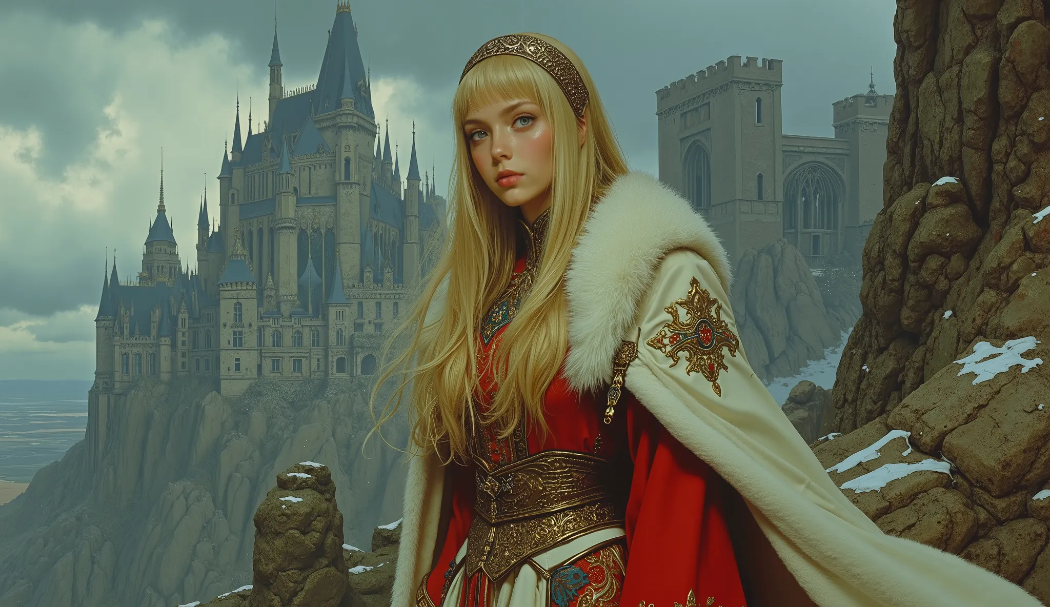 Epic 80s fantasy movie still: A stunningly beautiful young woman of Nordic descent, her long, flowing blonde hair perfectly framing her face with neat, straight-cut bangs. She possesses exquisite, delicate facial features and flawless, porcelain-smooth fai...
