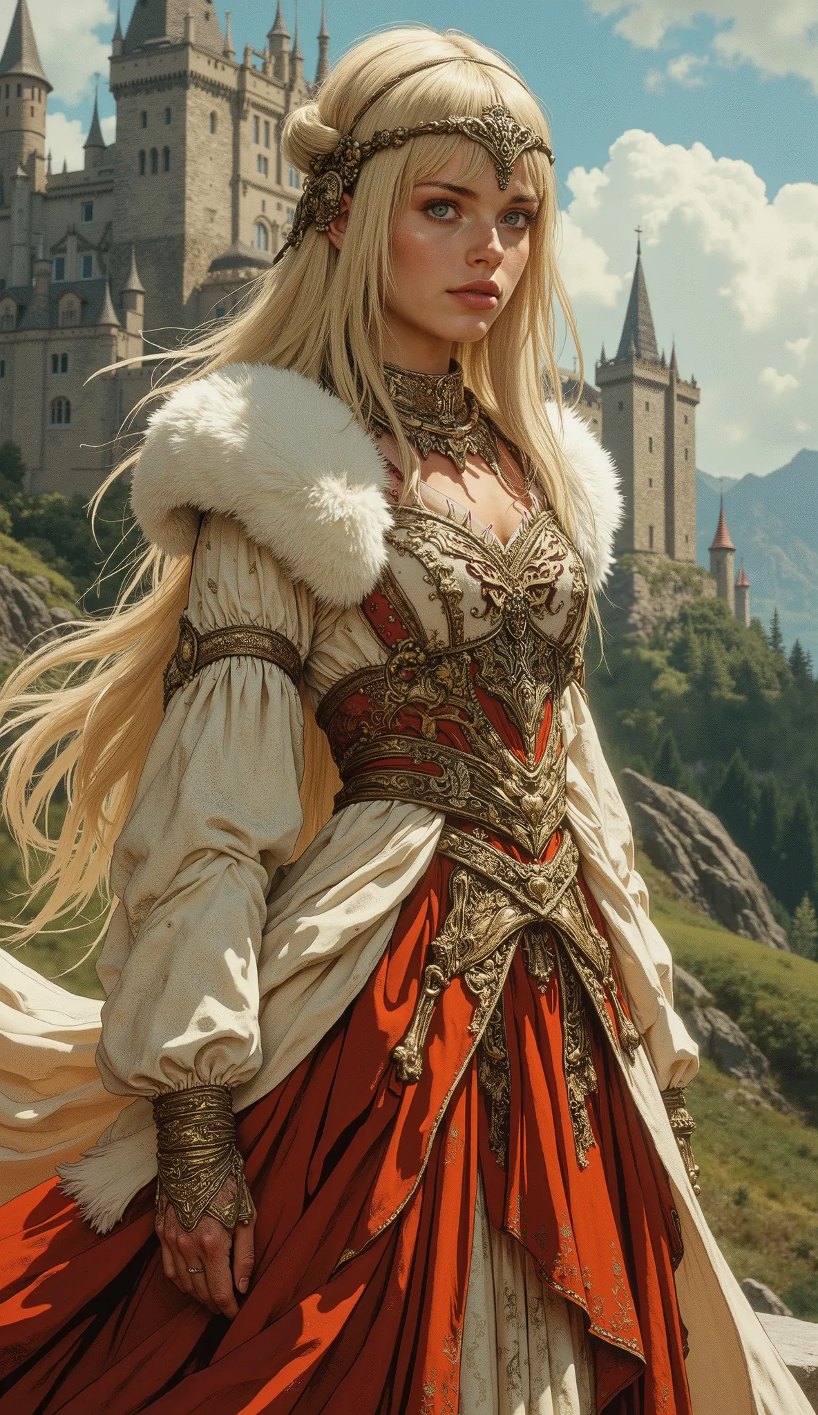 Epic 80s fantasy movie still: A stunningly beautiful young woman of Nordic descent, her long, flowing blonde hair perfectly framing her face with neat, straight-cut bangs. She possesses exquisite, delicate facial features and flawless, porcelain-smooth fai...