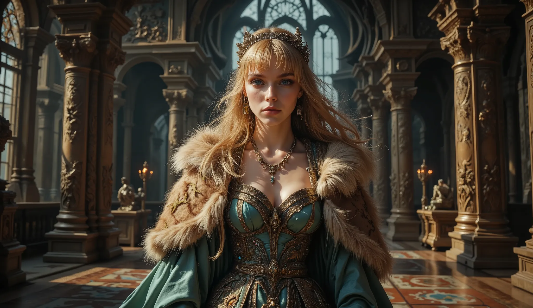 Epic 80s fantasy film still, masterpiece, award-winning cinematography. A beautiful petite Nordic princess with long flowing golden hair and straight-cut bangs, innocent yet determined azure eyes, flawless fair porcelain skin, and delicate facial features....
