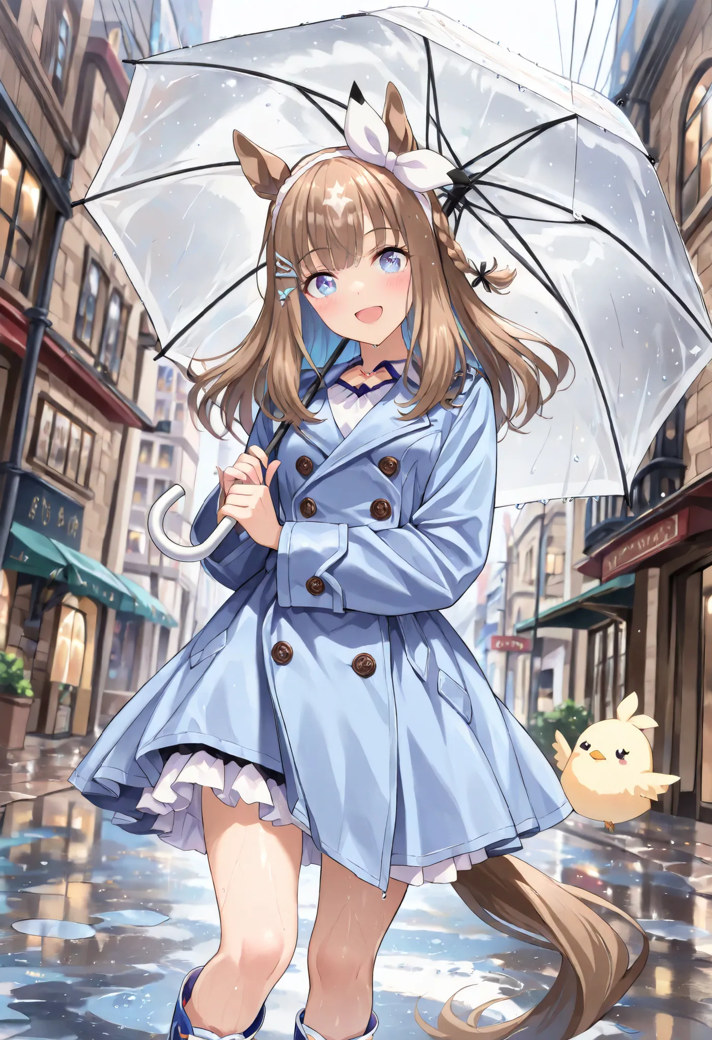 (masterpiece, best quality, perfect face:1.4), wide angle, almond eye \(umamusume\), white hair ornament, horse ears, horse tail, tail on the lower back, proportional body, proportional,1 girl, beautiful hair, beautiful face, beautiful detailed eyes, beaut...