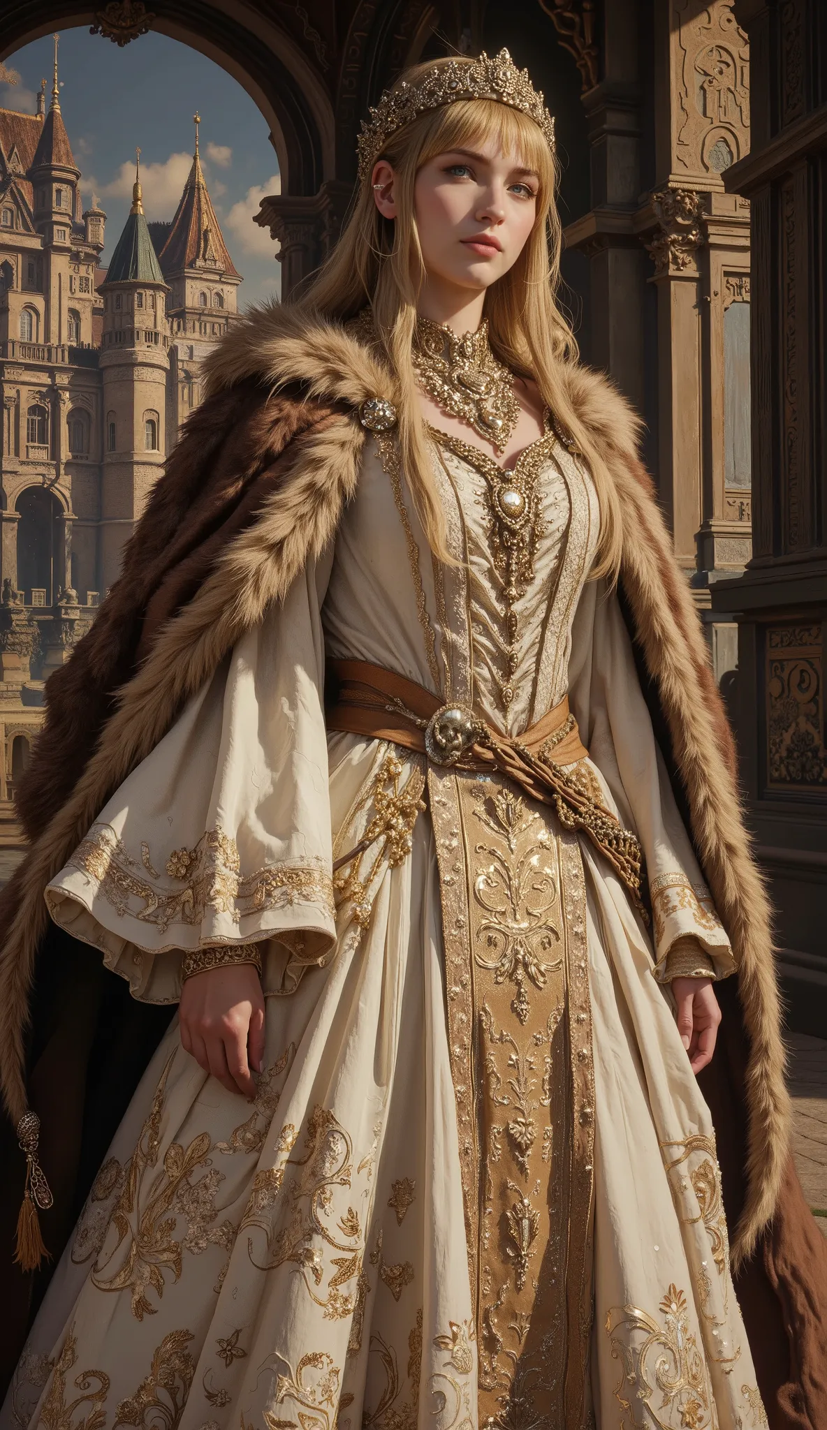 Epic 90s fantasy movie still, a beautiful young woman of Nordic descent, long flowing golden hair with neat blunt bangs, delicate facial features, flawless porcelain skin, innocent eyes with a hint of firm determination. Wearing an intricate, elegant hairb...
