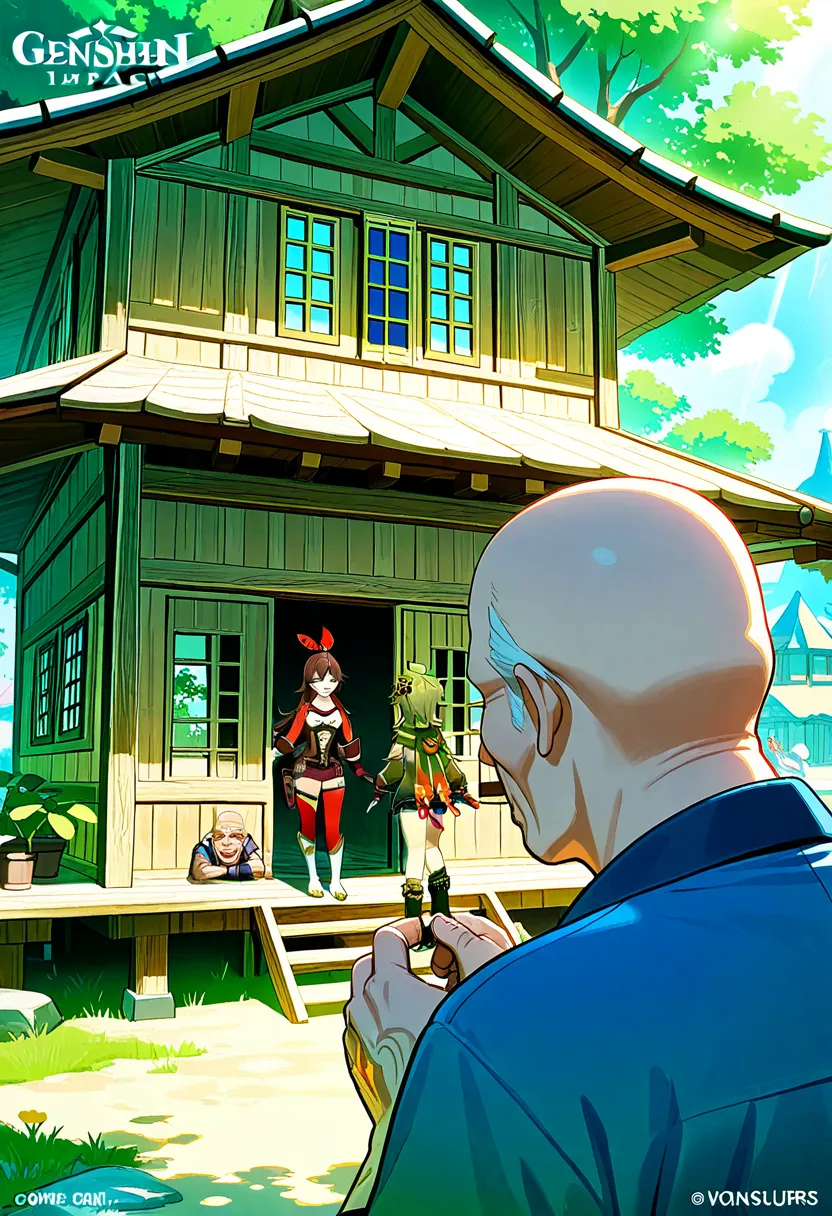 (masterpiece), (high definition image), (4k quality), 3 people, 2 girls, Amber (genshin impact), 2 girls Collei (genshin impact), 1 man, old man, bald man, ugly man, bad man, the man is in the center, Amber and Collei are on the sides of the man, the man holds Amber and Collei's hands, the 3 people are standing, tree house, day, noon, warm light
