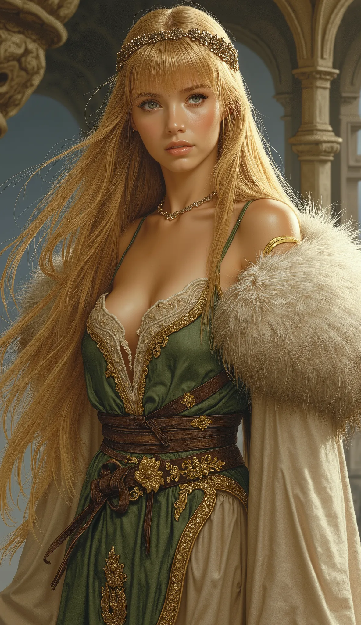 Epic 90s fantasy movie still, a beautiful young woman of Nordic descent, long flowing golden hair with neat blunt bangs, delicate facial features, flawless porcelain skin, innocent eyes with a hint of firm determination. Wearing an intricate, elegant hairb...