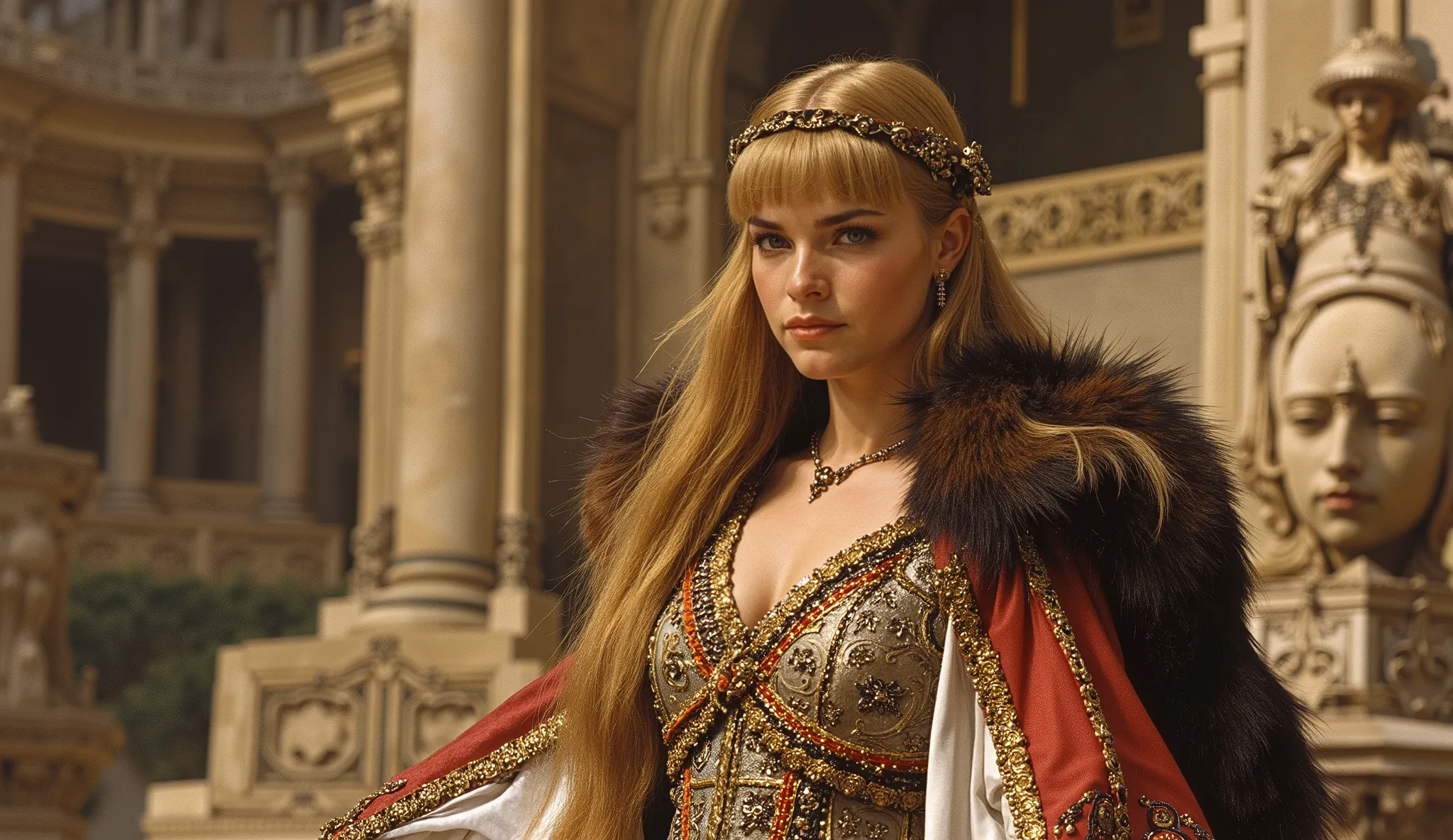 Epic 90s fantasy movie still, a beautiful young woman of Nordic descent, long flowing golden hair with neat blunt bangs, delicate facial features, flawless porcelain skin, innocent eyes with a hint of firm determination. Wearing an intricate, elegant hairb...