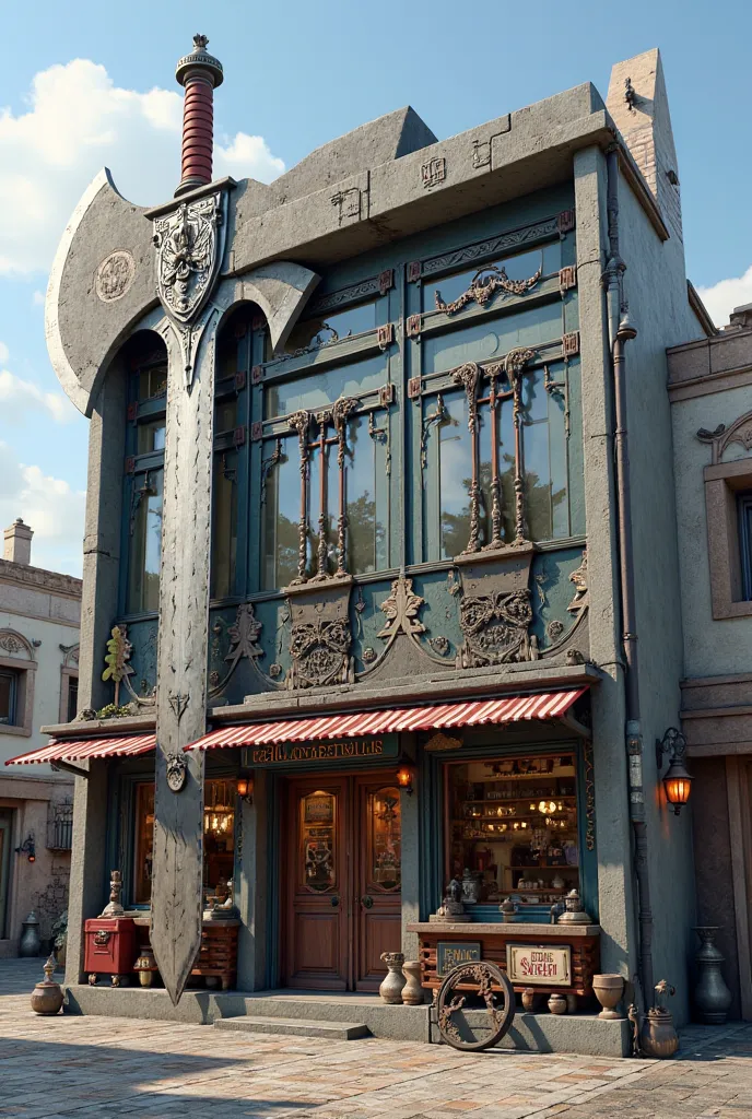 miniature fantasy weapon shop, with a big axe and sword as the architecture theme, serious atmosphere, modern architecture