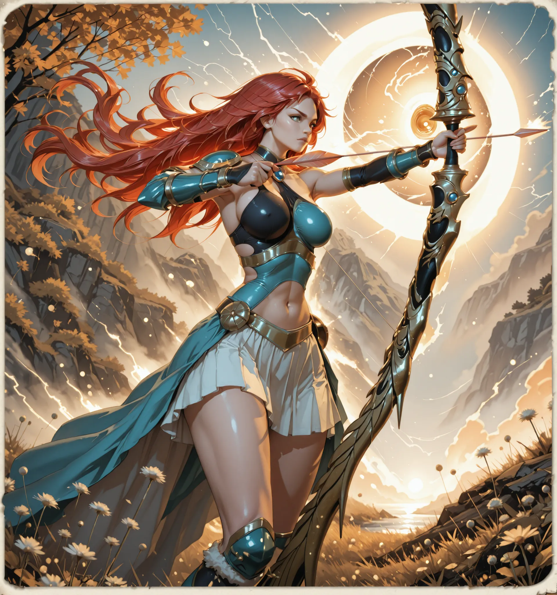 Make her more sexy, ultra-detailed, ultra-HD, anime style of tite kubo creator of bleach manga, archer, bow , anime artstyle,Masterpiece,Best Quality,
exterior: female archer who draws a bow and shoots arrows, About 20 years old , (aiming a long bow at...
