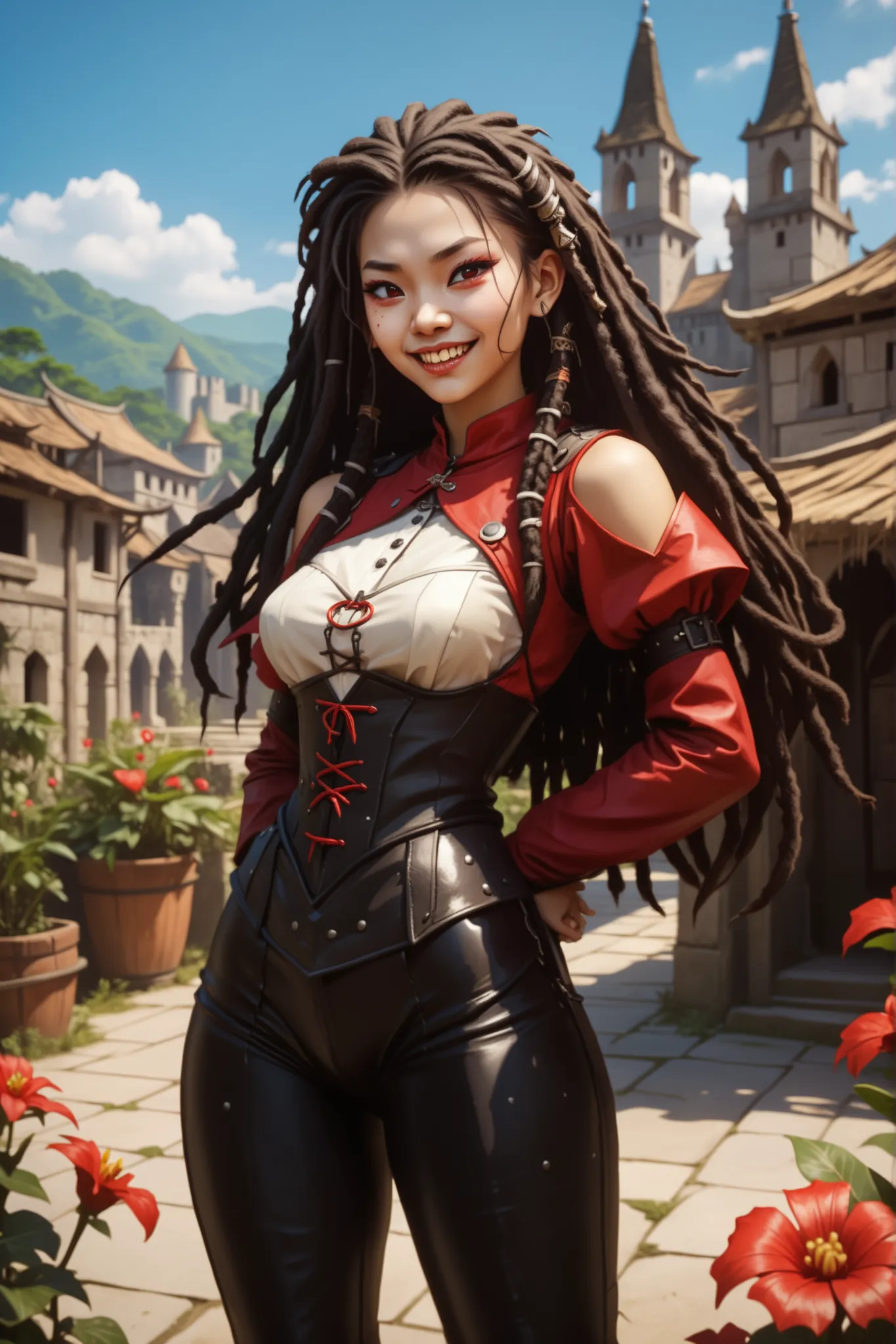 Slender body. White skin. Cute 18-year-old Asian bat-demon girl with Asian red eyes and sharp teeth and dreadlocks with white highlights. She has a cute and beautiful face. She has a round and young face with a pointy chin. Her black body is athletic with ...