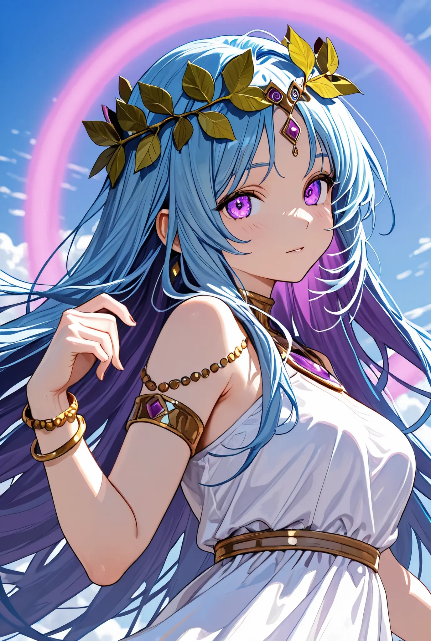 Blue Sky Haired Girl, Purple Light Eyes, Goddess Style, Wearing White Dress And Gold Bracelet, Leaf Crown On Head, Looking At Viewer 