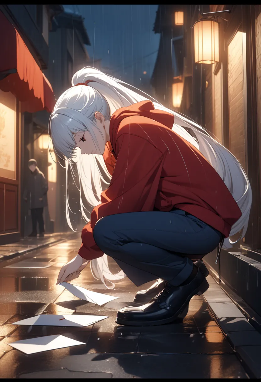 A long-haired and waisted、A white-haired man tied to a high ponytail，Warm orange street lights illuminate from the back of the side，The overall composition has ultra-fine lines and a hand-painted texture。He crouched to pick up the letter，A calm and slightl...