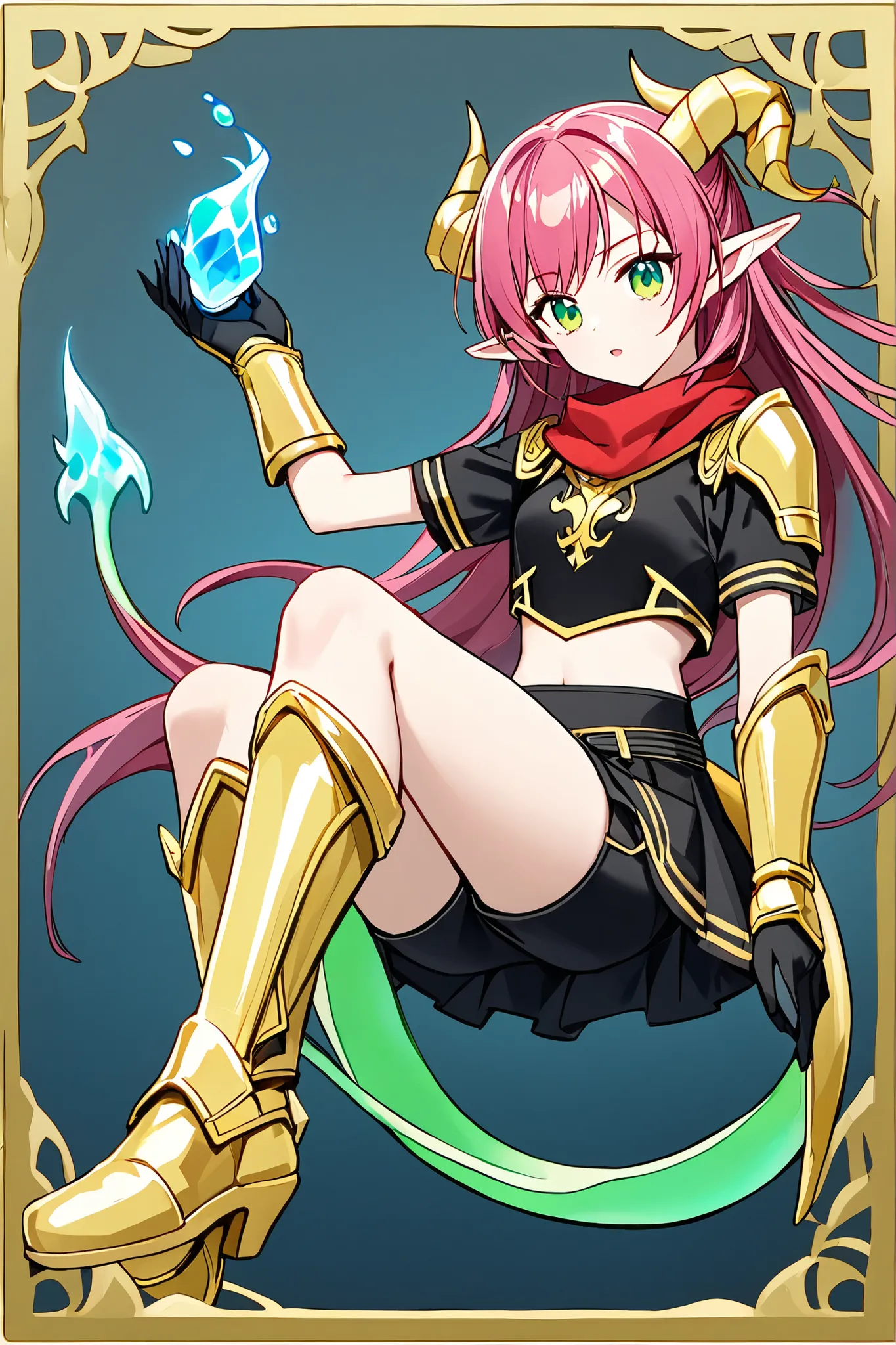 (one girl), (perfect female body),  (A golden shin guard wearing flames on the boot of the right foot)。looking at viewer, jumping, kicking towards viewer, foot focus, (The thin, light green tail with no scales grows only one from the position of the coccyx...
