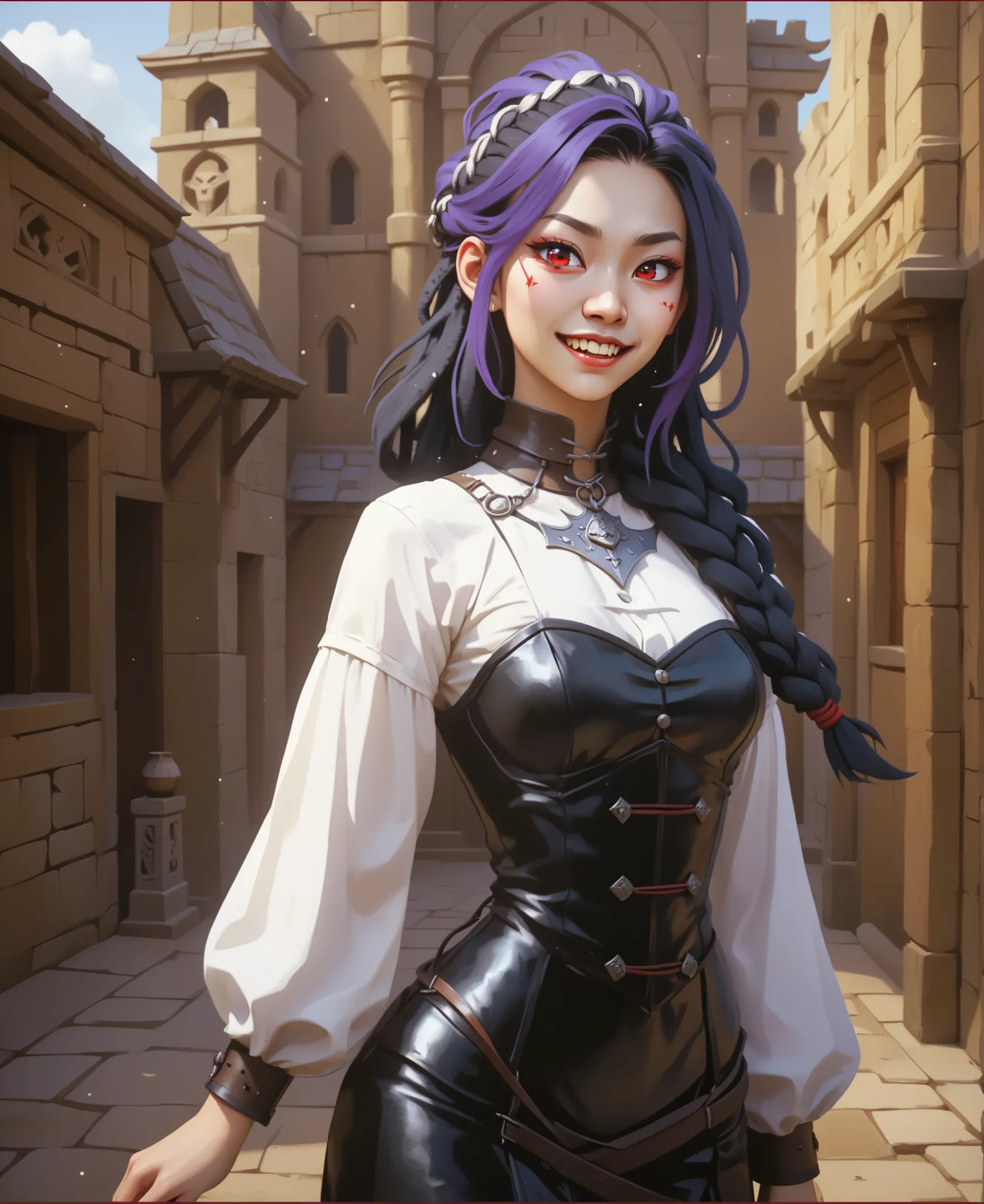 Slender body. White skin. Cute 18-year-old Asian bat-demon girl with Asian red eyes and sharp teeth and dreadlocks with white highlights. She has a cute and beautiful face. She has a round and young face with a pointy chin. Her black body is athletic with ...