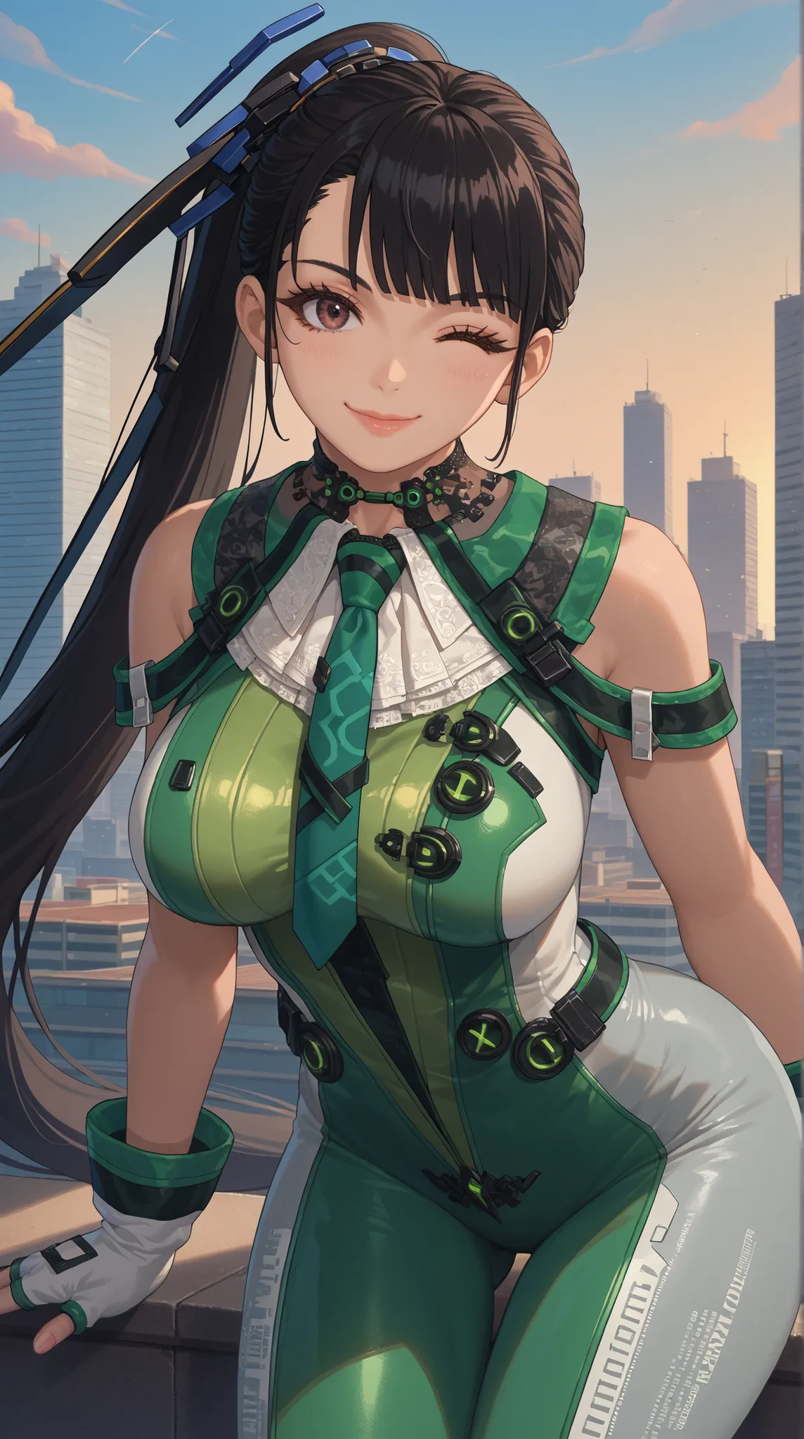 score_9, score_8_up, score_7_up, score_6_up, source_anime, 1girl, solo,  defEve, black hair, long ponytail, necktie, green and white bodysuit, sleeveless, fingerless gloves, grey pants, big breasts, leaning forward, thighs, wink, looking at you, smile, gre...