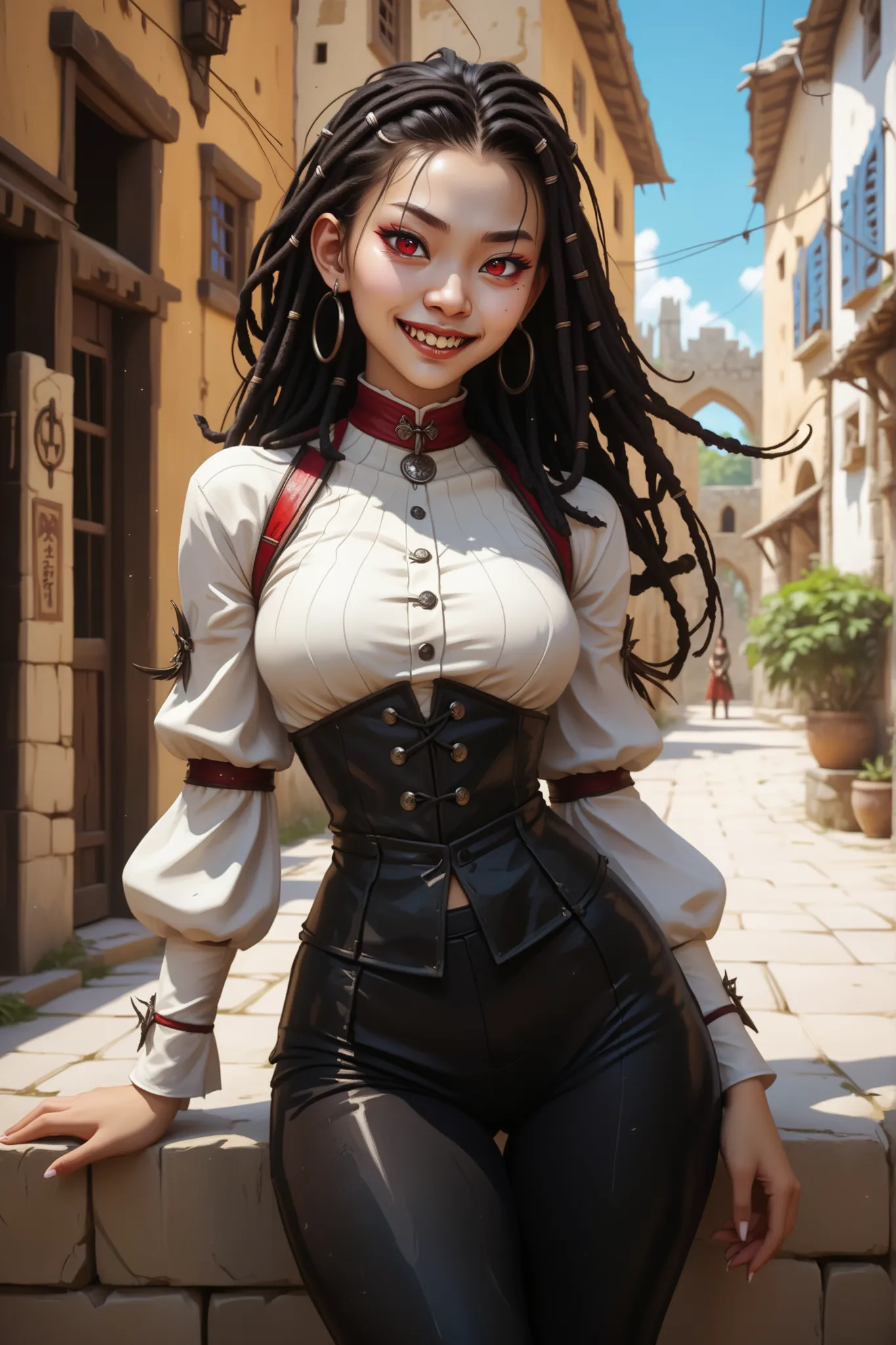 Slender body. White skin. Cute 18-year-old Asian bat-demon girl with Asian red eyes and sharp teeth and dreadlocks with white highlights. She has a cute and beautiful face. She has a round and young face with a pointy chin. Her black body is athletic with ...