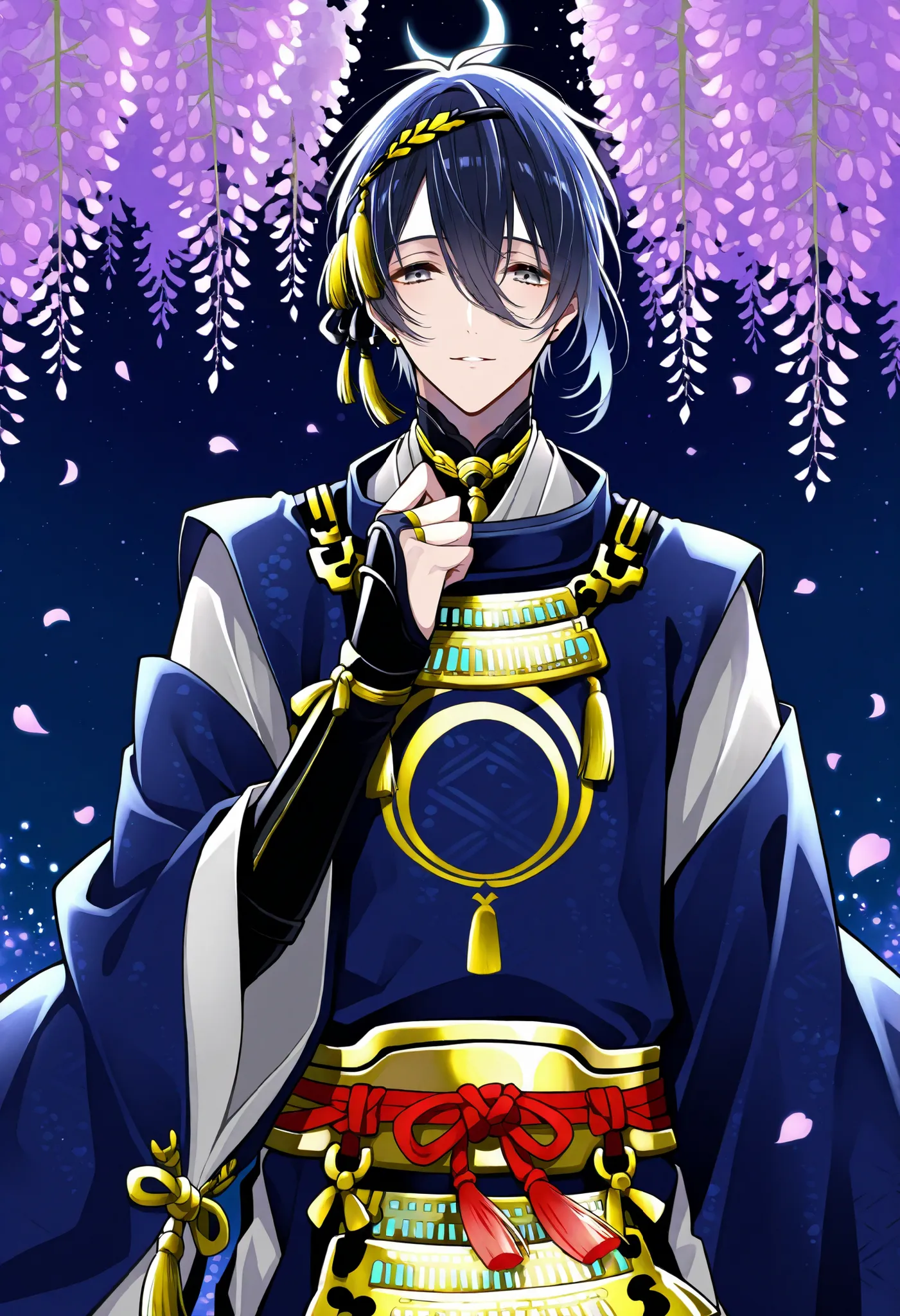 Touken Ranbu、Mikazuki Munechika 、One man、gray eyes、Night Sky、Seven stars、A quiet night、the crescent moon is floating in the sky、wisteria petals dance