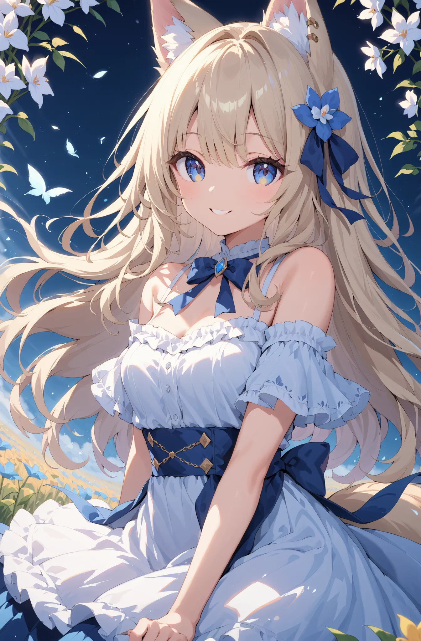masterpiece、concept art、(very detailed)、 (((masterpiece、top quality))) 、Girl tarry sky、Moonlight:1.2、Flower field、(fox ear、Off-the-Shoulder、platinum blonde、Long Hair、ruffle skirt)、( A soft smile )