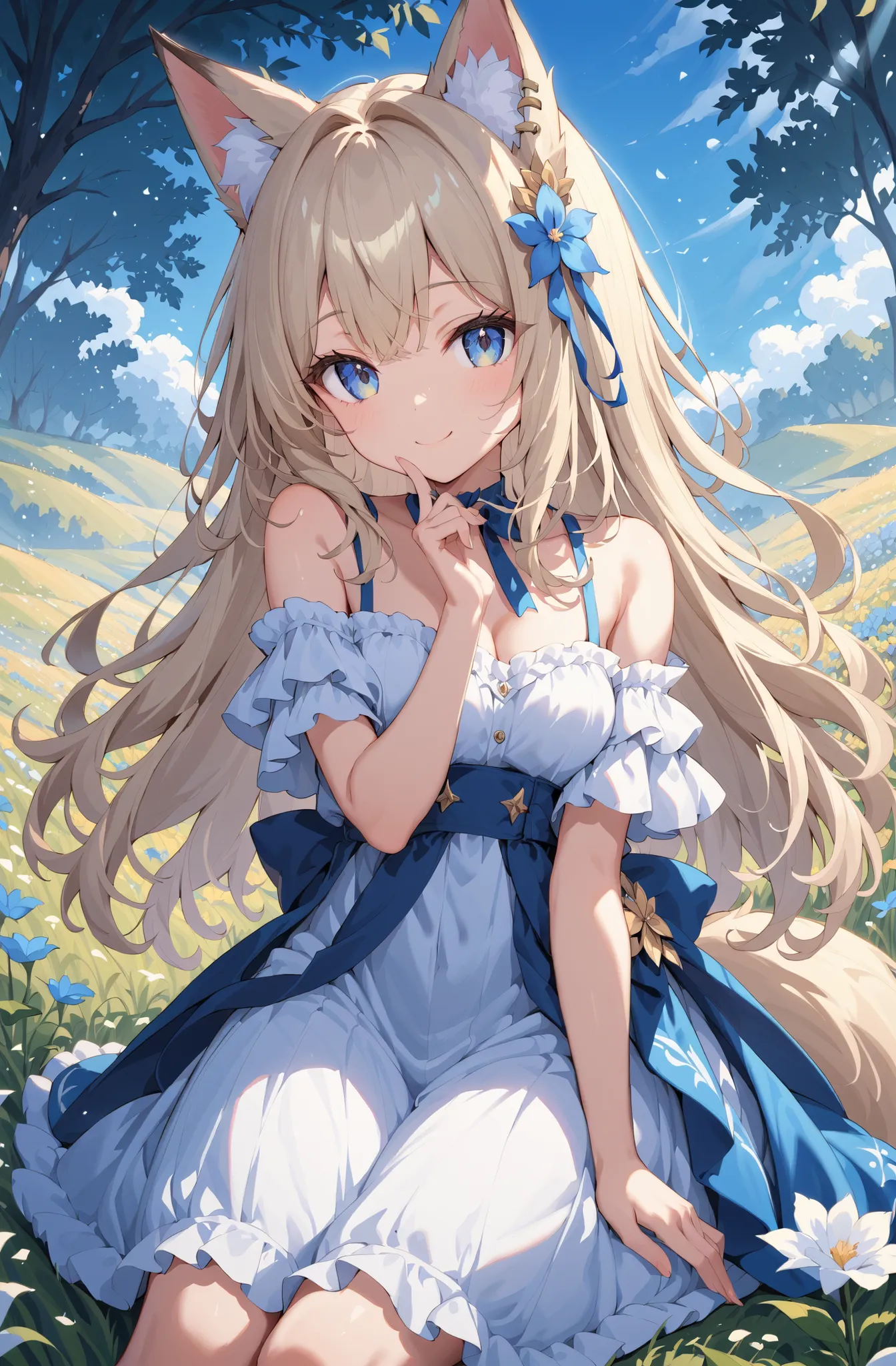 masterpiece、concept art、(very detailed)、 (((masterpiece、top quality))) 、Girl tarry sky、Moonlight:1.2、Flower field、(fox ear、Off-the-Shoulder、platinum blonde、Long Hair、ruffle skirt)、( A soft smile )