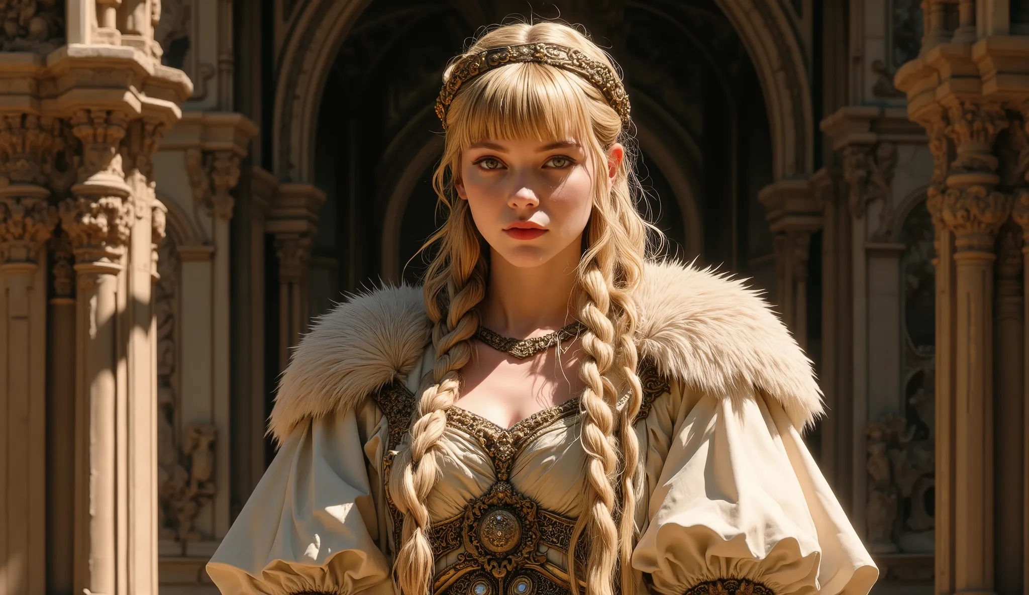 Epic 90s fantasy movie still, a beautiful young woman of Nordic descent, long flowing golden hair with neat blunt bangs, delicate facial features, flawless porcelain skin, innocent eyes with a hint of firm determination. Wearing an intricate, elegant hairb...